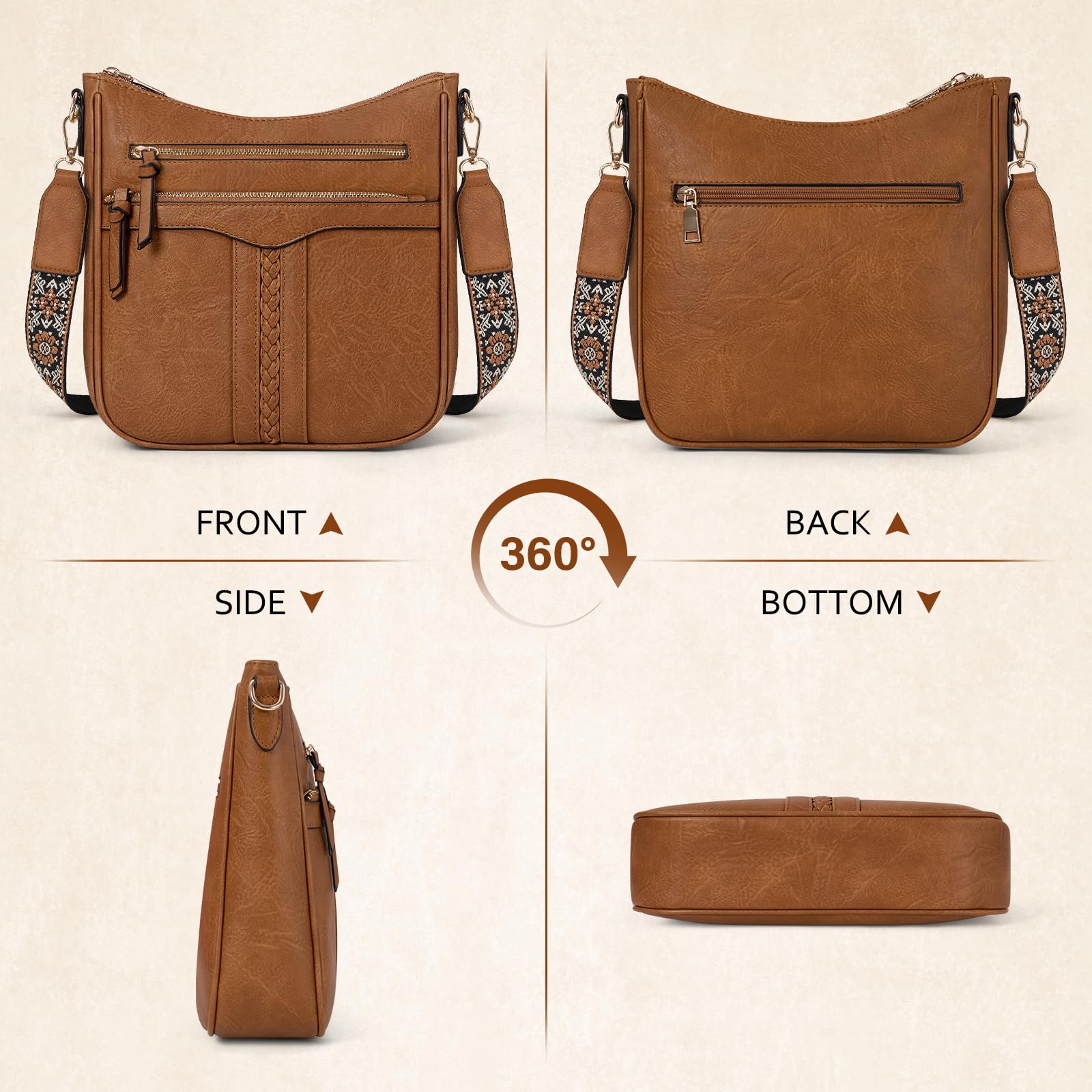 RAINSMORE Sac Bandoulière Femme Cuir PU Sacs Bandoulière avec Bretelle Amovible et Réglable Sacoche Femme Bandoulière avec Multi-poches