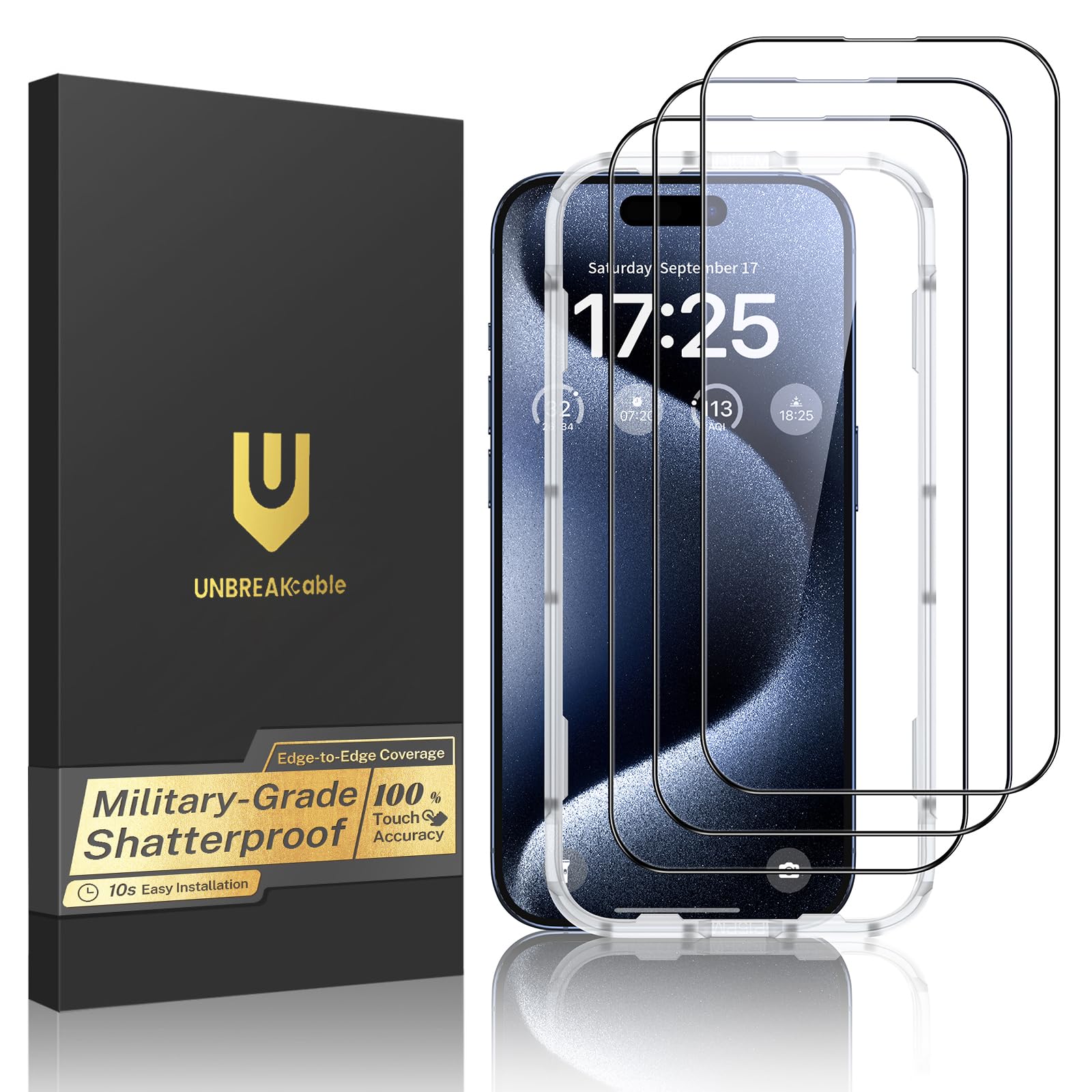 UNBREAKcable 3-Pack Screen Protector for iPhone 15 Pro Max, Full Coverage