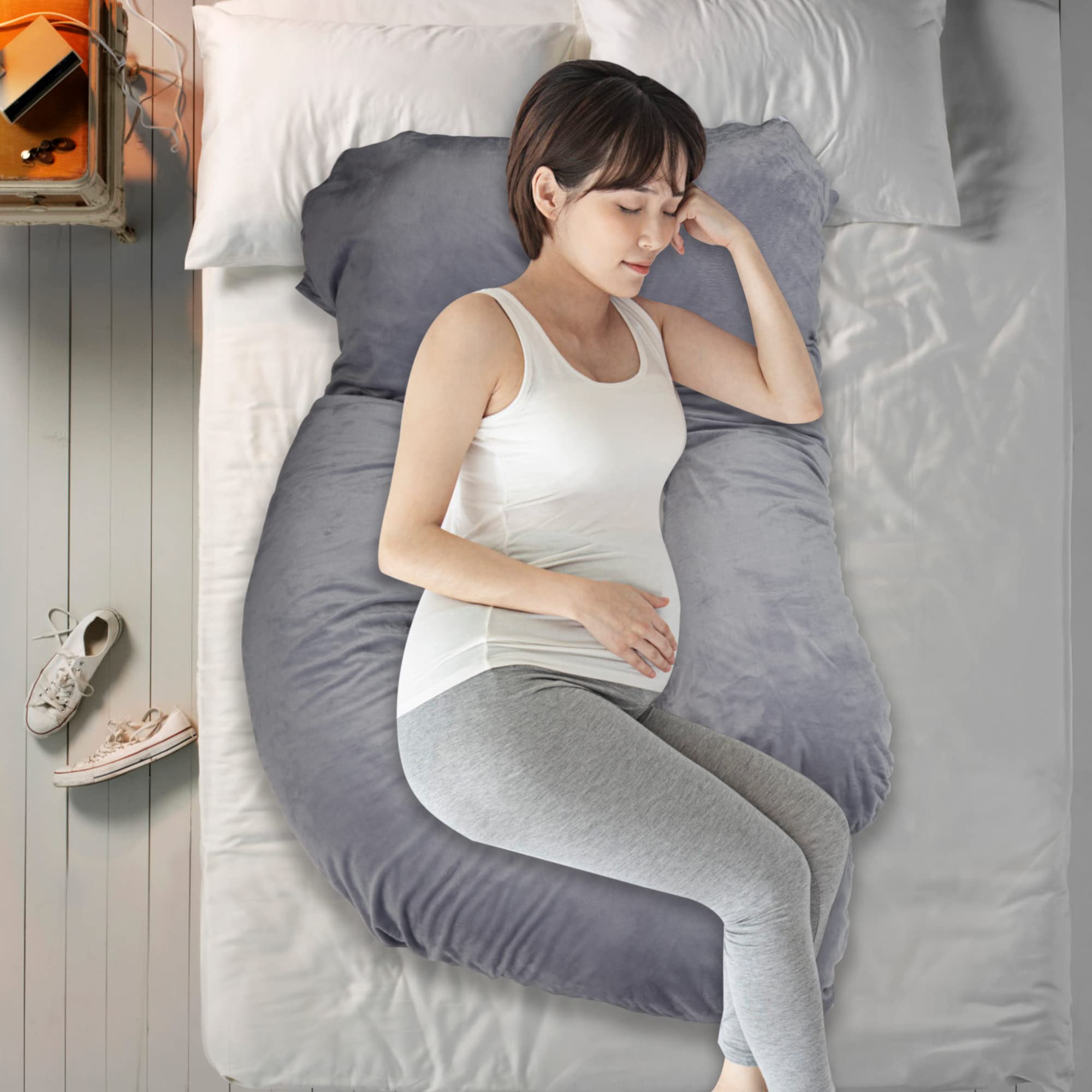 LONABR J-Shape Pregnancy Pillows, 55 Inch Maternity Full Body Pillow with Washable Velvet Cover, Nursing Support Pillow, Support for Back, HIPS, Legs, Belly for Pregnant Women Side Sleeping