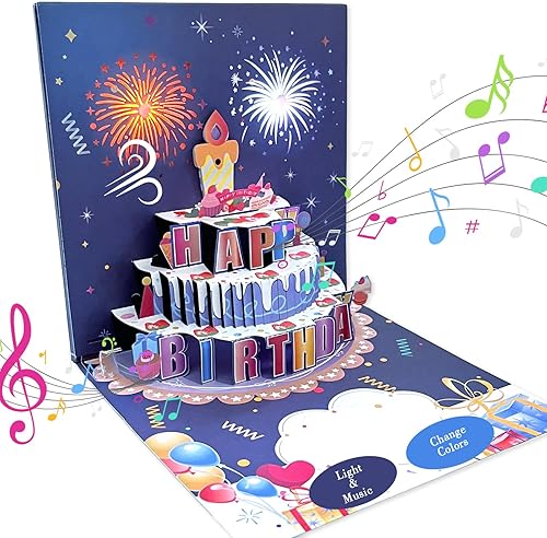 YiKaLus Tarjetas de cumpleaños desplegables de fuegos artificiales, luces musicales y LED, tarjetas de cumpleaños con pastel de cumpleaños soplable,
