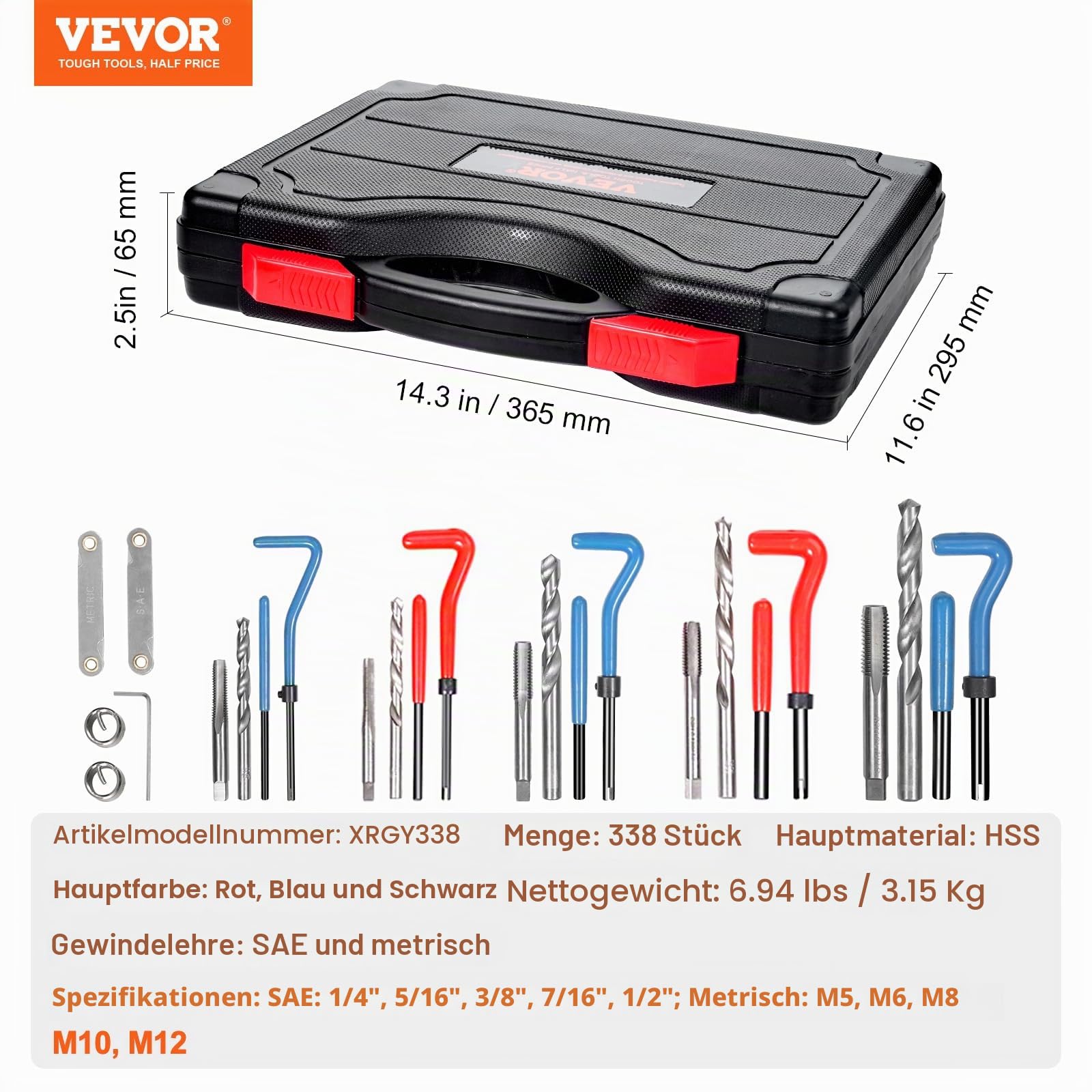 VEVOR Gewindereparatur Gewindereparatursatz Gewinde Reparatur Set 338-teilig, SAE- und metrisches Helicoil-Set Gewindereparaturwerkzeuge M5 M6 M8 M10 M12 1/4 5/16 3/8 7/16 1/2 Zoll HSS-Bohrer