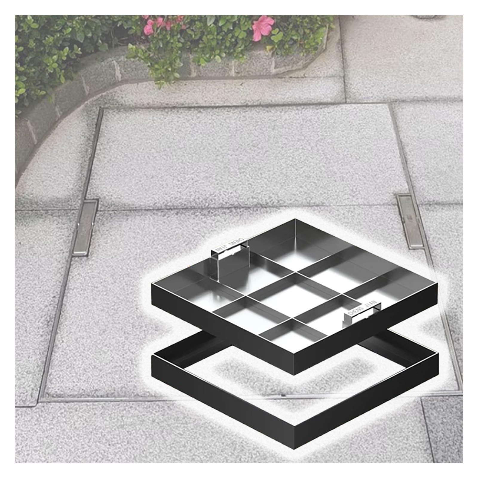 Copertura per pozzetto in acciaio inossidabile 304 resistente per vialetto e paesaggistica, coperchio quadrato per bacino delle acque reflue con manico retrattile, 33 x 33 cm