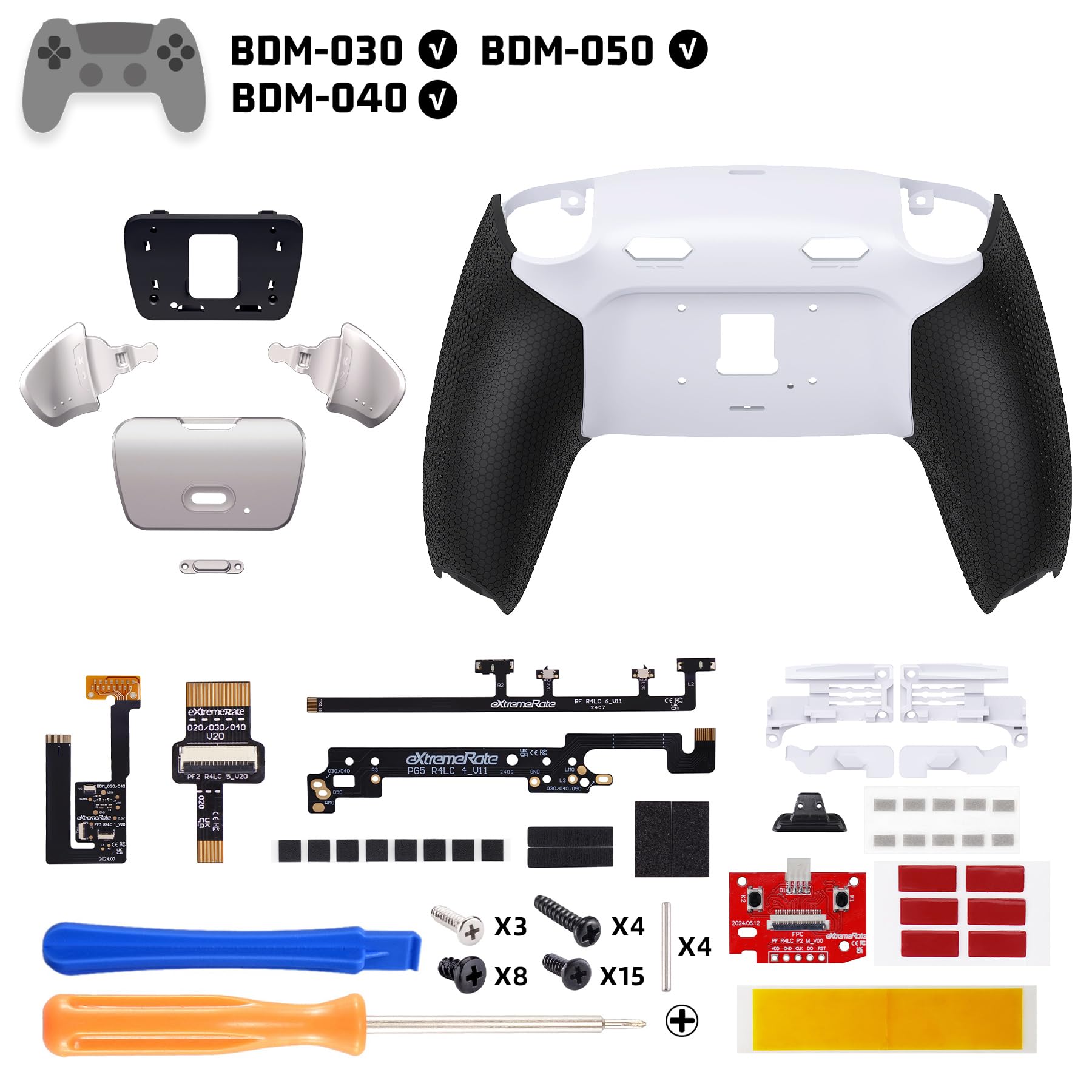 eXtremeRate RISE Plus MAX RMB Remap Kit con Clicky Kit para ps5 Modelo BDM-030/040/050 Tope Gatillos & Goma Grip Carcasa Trasera & Botones Metálicos Remapeables para ps5-SIN Mando(Blanco Negro)