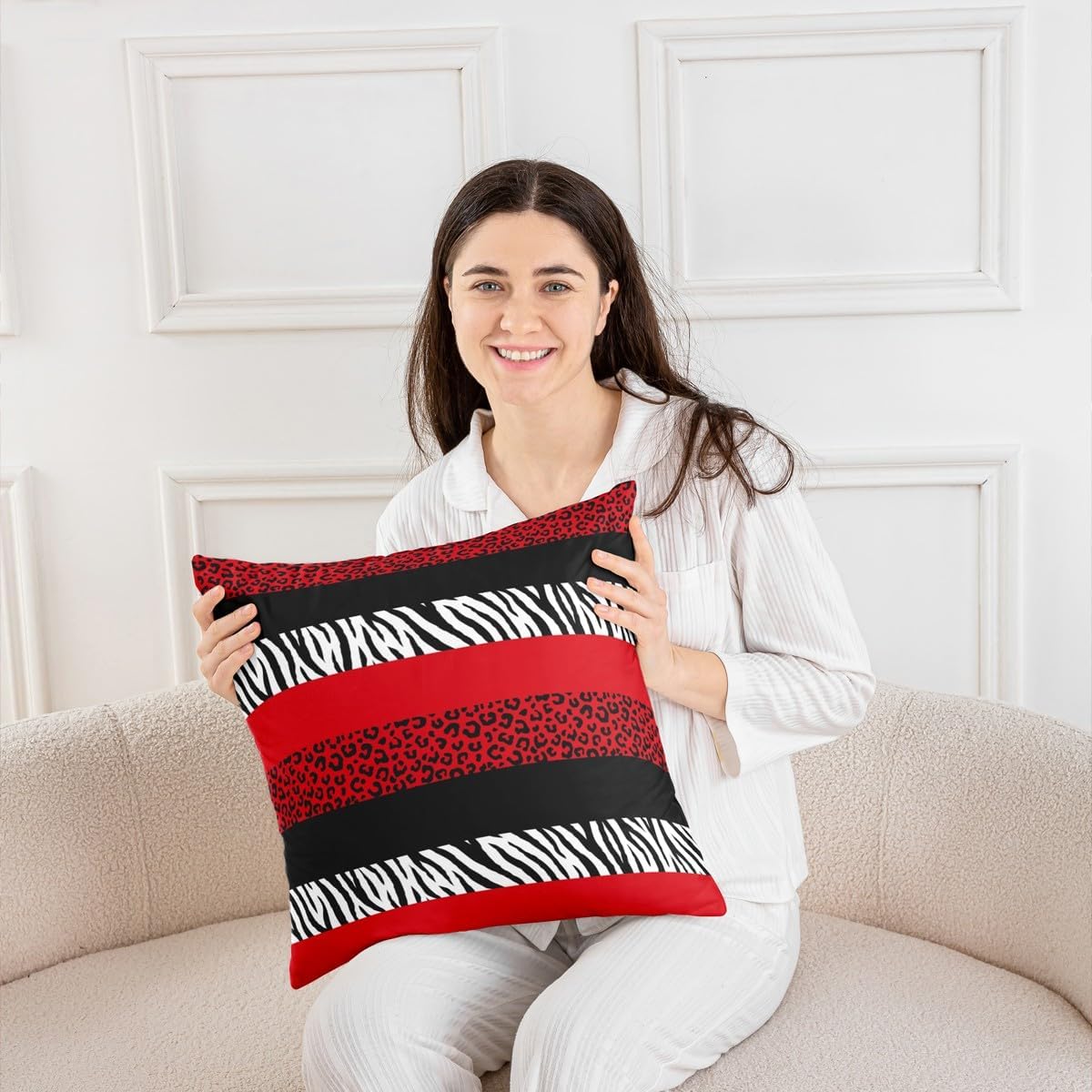 Leopard Print Pillow Covers,24x24 Inch Set of 2,African Wild Animal Skin Print Cushion Cases for Teens Adults,Zebra Geometric Stripes Wildlife Tribal Style Cushion Covers for Room Decor Red Black