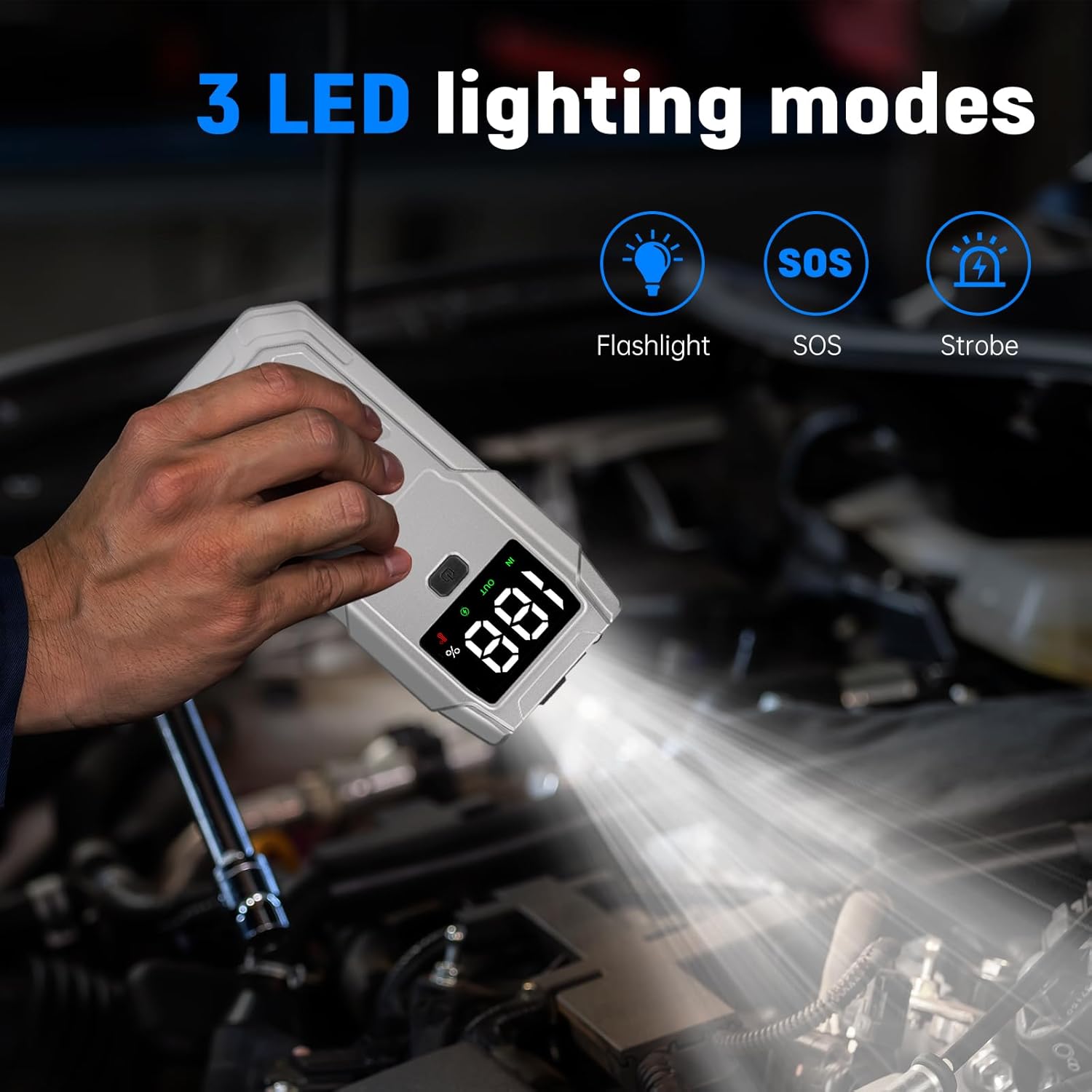 Booster Battery 5000A Car Starter (Up to 9.5L Gas 8L Diesel) 12V Jump Starter Booster Battery Motorbike/Auto with LCD Display Intelligent Safety Clamps LED Light