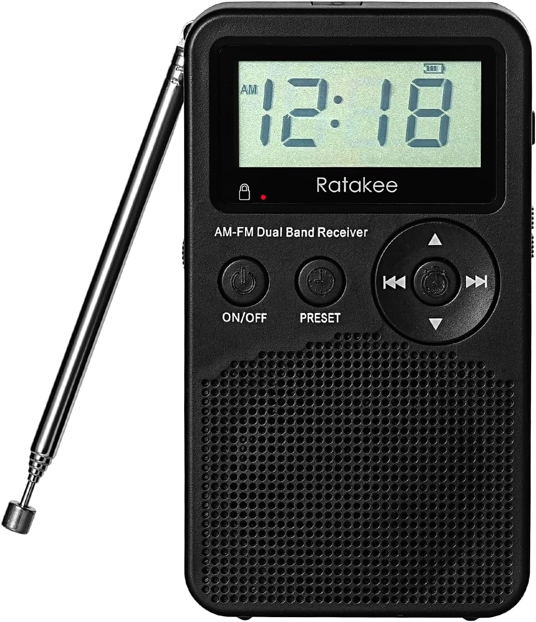 AM/FM Radio, Battery Operated Portable Radio with Clock, Preset, Sleep Timer and Battery Backup for Yard Work, Walking, Camping, Jogging, Fishing, Handheld Size, 3 AA Battery Powered (Black)