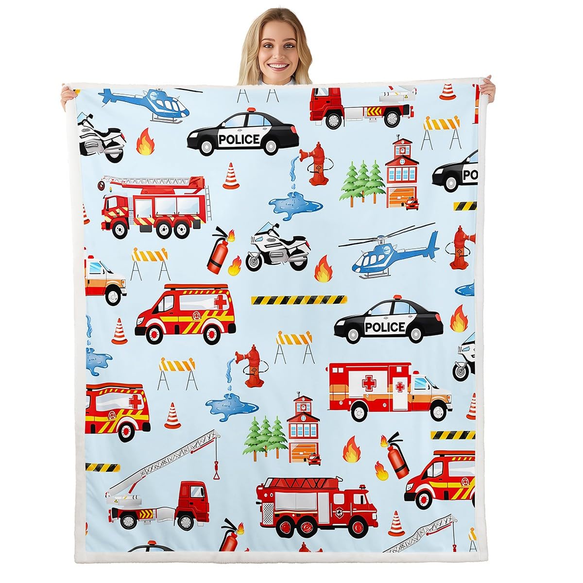Loussiesd Manta con estampado de camión de bomberos para niños, 150 x 200 cm, diseño de coche de policía, moto y avión, manta para niños, adolescentes, vehículos de tráfico