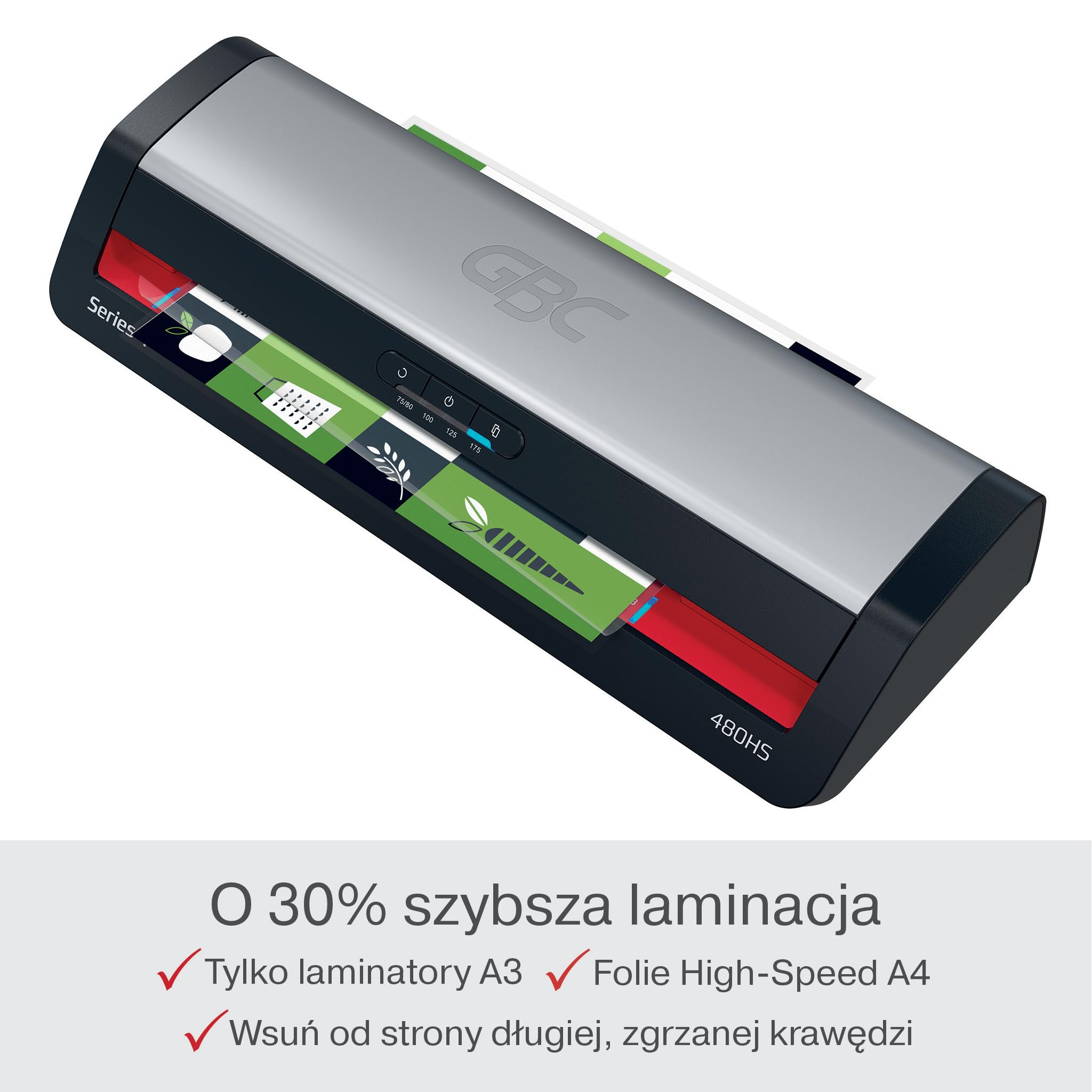 GBC 480HS Home Office Laminator A3 – Szybkie laminowanie, nagrzewanie w 1 minutę, 75–175 mikronów, funkcja przeciw zacięciom, auto wyłączanie, zawiera 5x folii A4, czarno-czerwony, 4410072EU