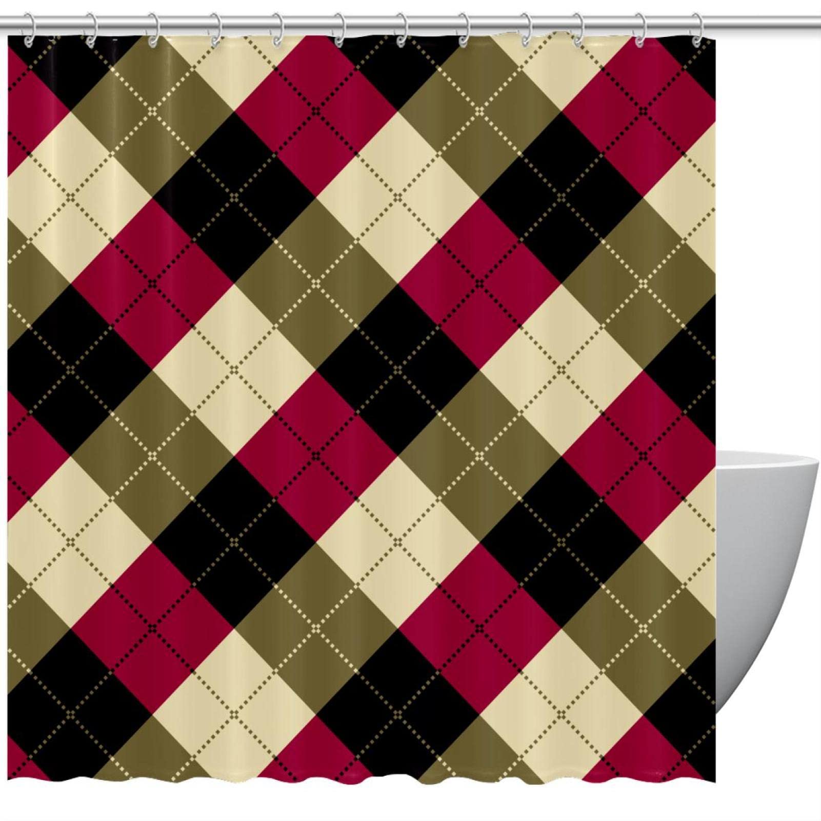 Rideau de douche de Noël imprimé tartan rouge noir beige 183 cm