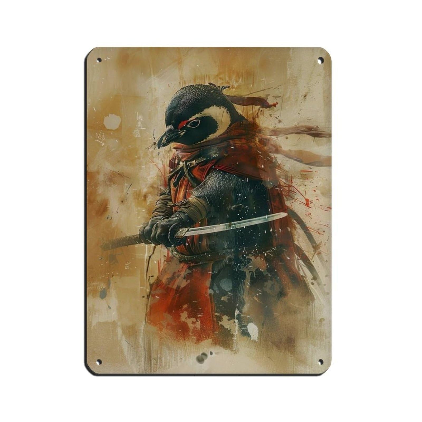 Lxwnze 30L X 40W Cm Ninja Penguin Holding A Katana Sword Tin Sign Vintage Metal Pub Club Cafe Bar Home Wall Art Decoration Poster Retro 12X16inch(30X40cm)
