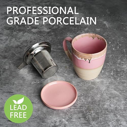 Miniatura 3 de Bosmarlin Taza de té de cerámica con infusor y tapa, 16 onzas, apta para lavavajillas y microondas, 5 colores para elegir, esmalte reactivo, taza de