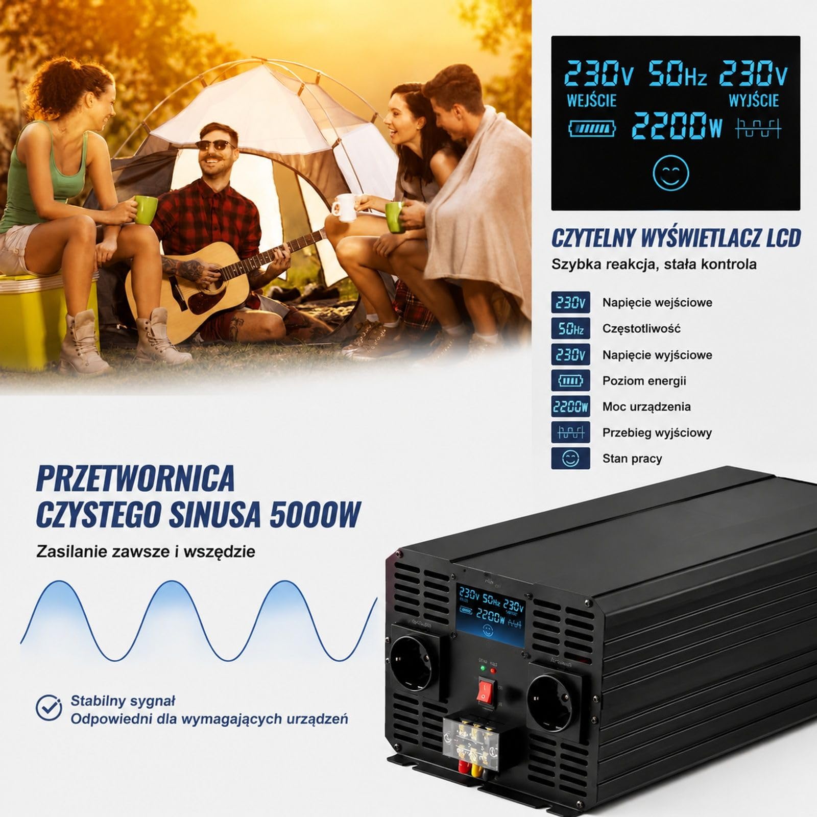 Przetwornica czystej fali sinusoidalnej 5000 W, wejście 12 V DC, wyjście 230 V AC, 2 gniazda europejskie, wyświetlacz LCD, obudowa ze stopu aluminium do samochodu, kampera i ciężarówki