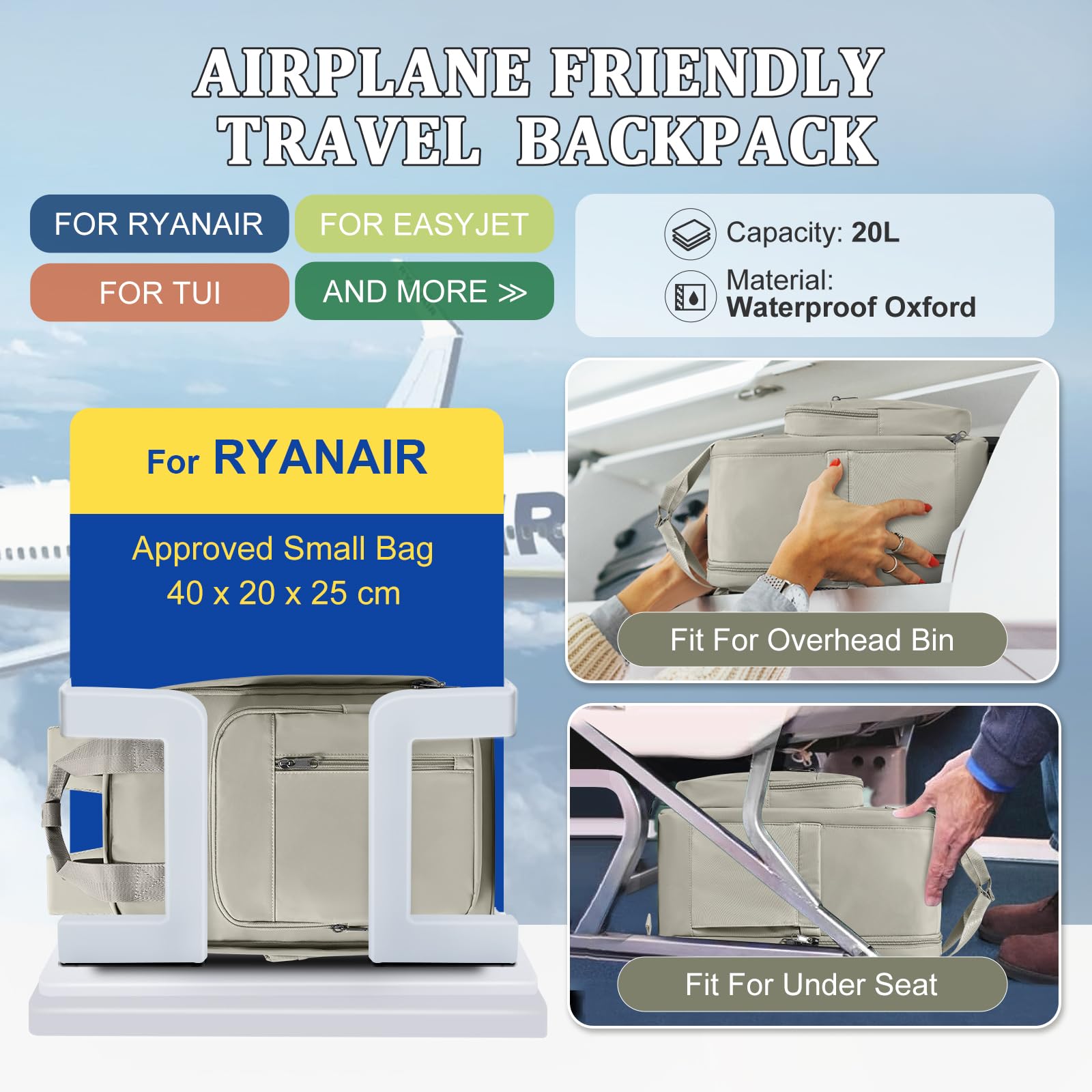 SZLX Zaino Ryanair 40x20x25 Donna Zaino da Viaggio Bagaglio a Mano 20L Uomo Borse da cabina 45x36x20 Easyjet Travel Backpack Adatto a laptop da 14 Pollici con scomparto per scarpe per Lavoro e Scuola