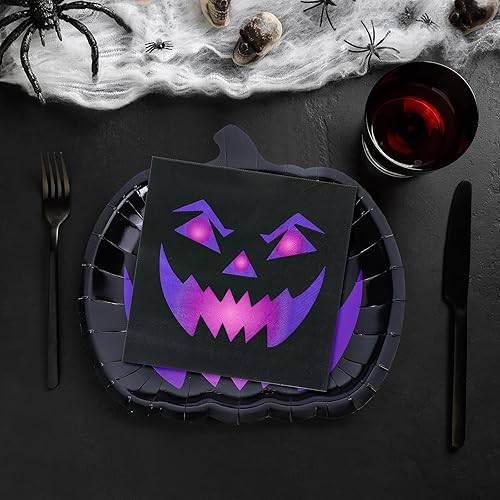 Miniatura 4 de Whaline 24 platos y servilletas de papel de calabaza de Halloween, platos desechables espeluznantes de cara de calabaza negra y morada, decoración