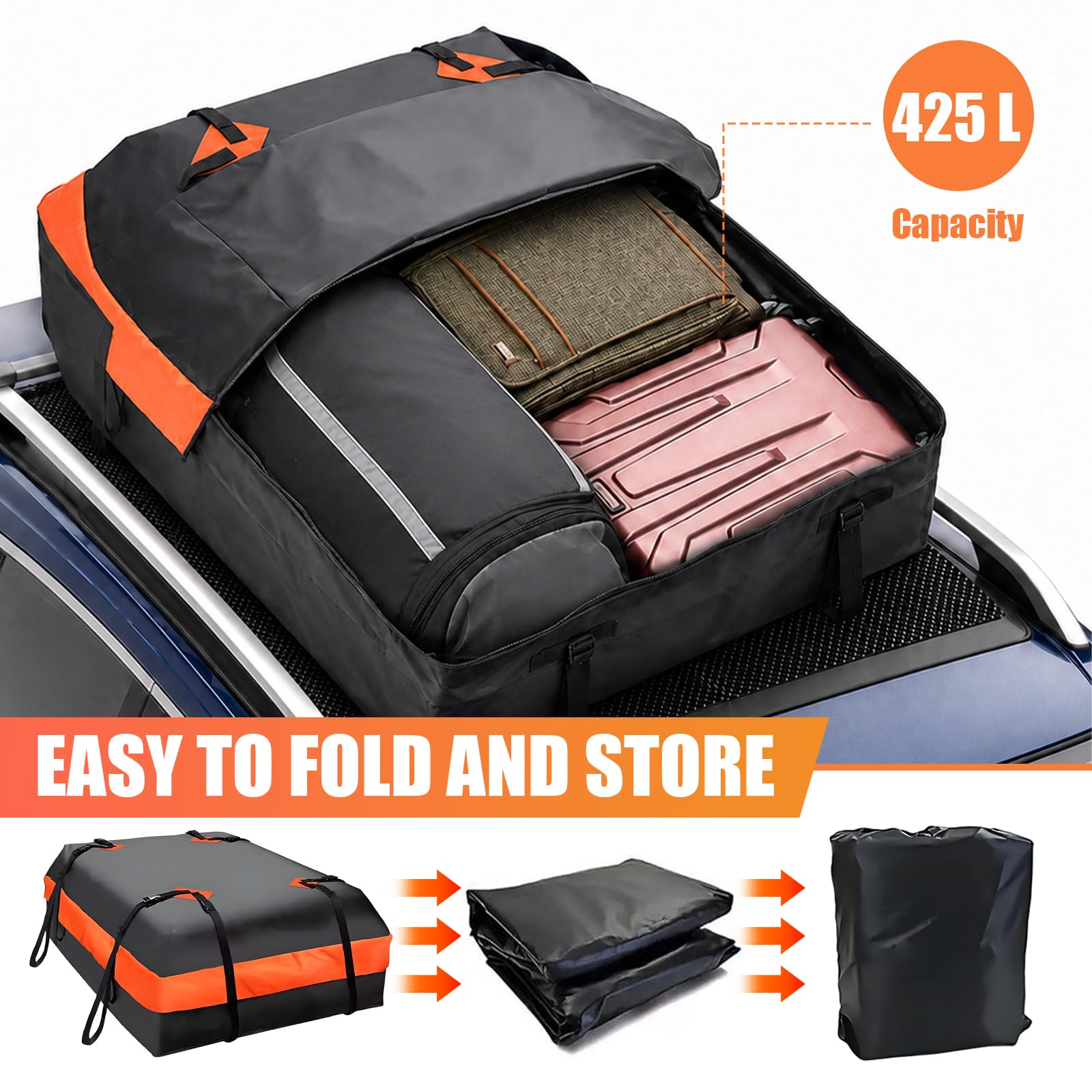 Torba na bagażnik dachowy 425L, wodoszczelna, nylon 420D, 112×87×44 cm, z 6 pasami, matą antypoślizgową, osłoną przeciwdeszczową i zabezpieczeniem przed kradzieżą, składana, do samochodu, SUV-a i
