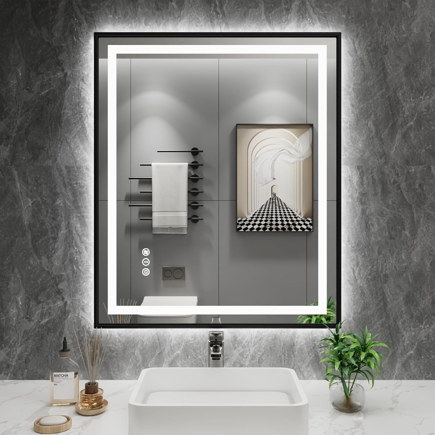 Amorho 24"X30" LED Bathroom Mirror with Black Frame, Front Light and Backlit, Stepless Dimmable, Anti-Fog, Shatter-Proof, Memory, 3 Colors, Double LED Vanity Mirror 30"L x 24"W Black Frame
