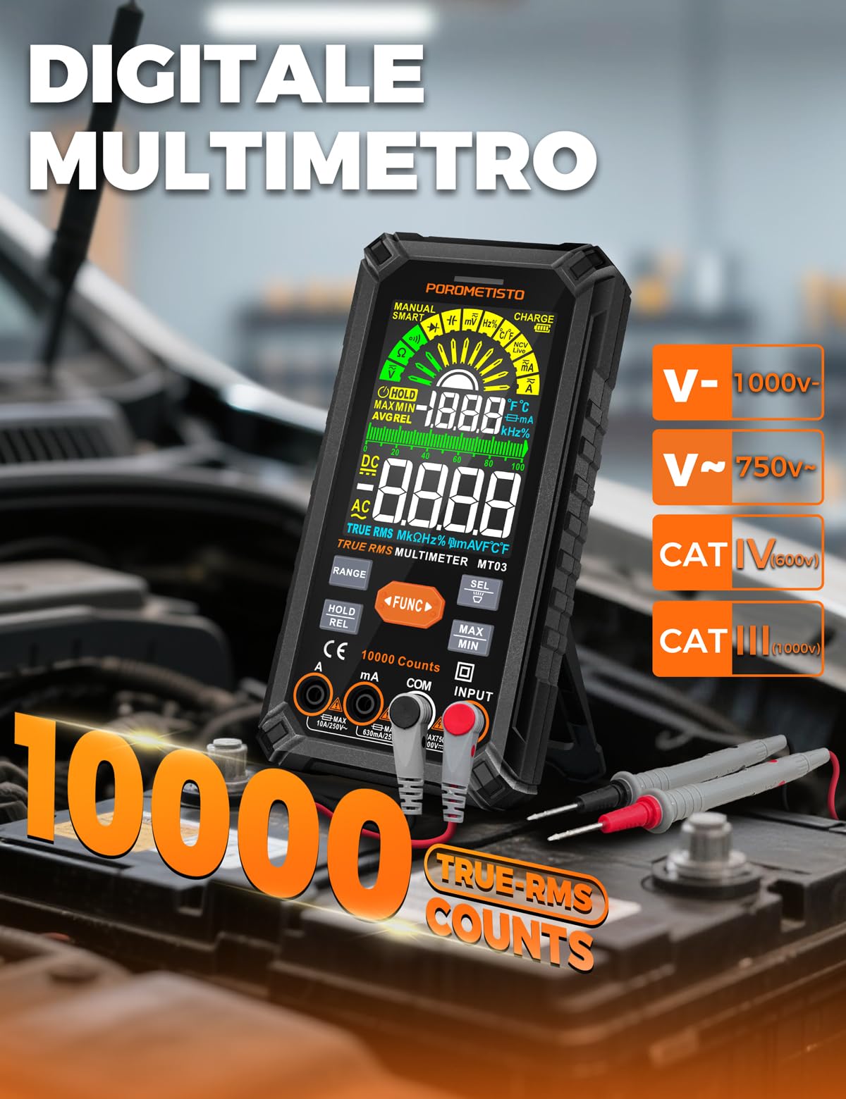 Multimetro Digitale Professionale POROMETISTO TRMS 10000 conteggi, 750V CA/ 1000V CC Ricaricabile con Auto Gamma, Misura Tensione Corrente Resistenza Continuità Capacità Frequenza Diodo TEM