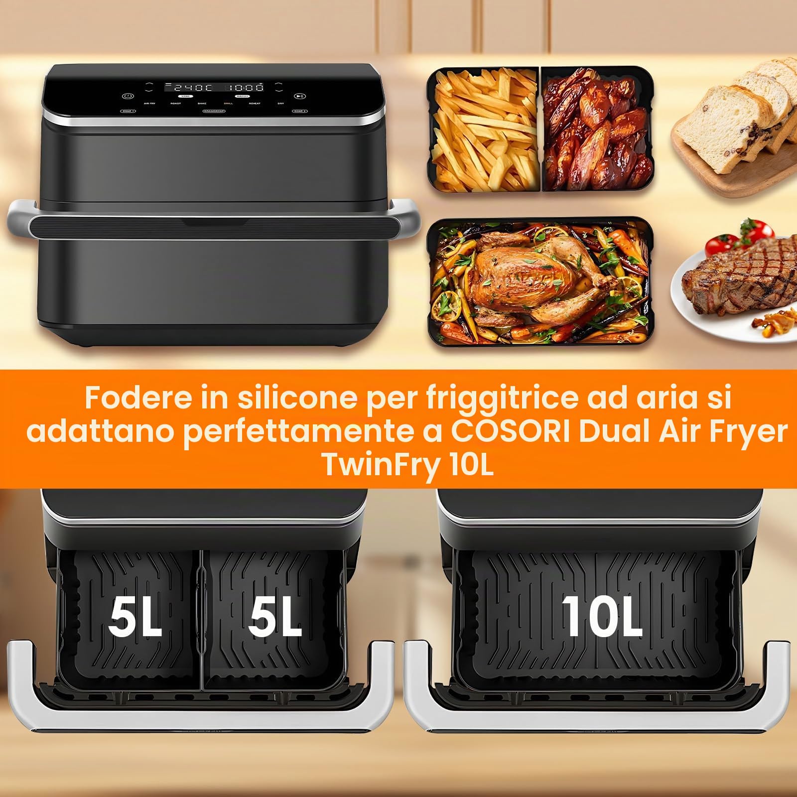 Fodere in silicone per friggitrice ad aria, accessori per Cosori Dual Airfryer TwinFry, 1 x 10 L + 2 x 5 L grande fodera flessibile, cestelli per friggitrice ad aria, griglia, pinza, spazzola per olio