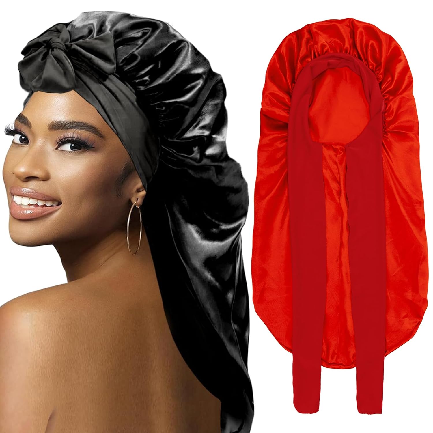 2Pcs Bonnets for Black Women Braid Bonnet, Large Long Satin Bonnet for Braids, Silk Bonnet with Stretchy Tie Band Sleep Cap Hair (2Pcs-Black&Red) (2pcs-black&red) Thumbnail
