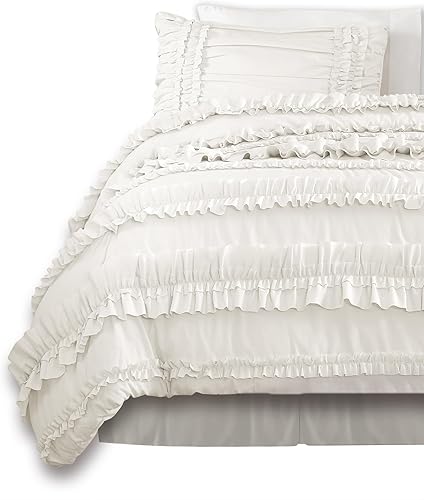 Vista 38 de Lush Decor Belle - Juego de cama de 4 piezas con falda de cama y 2 fundas de almohada, juego de edredón King, color blanco Blush,Blanco,Marfil,Gris