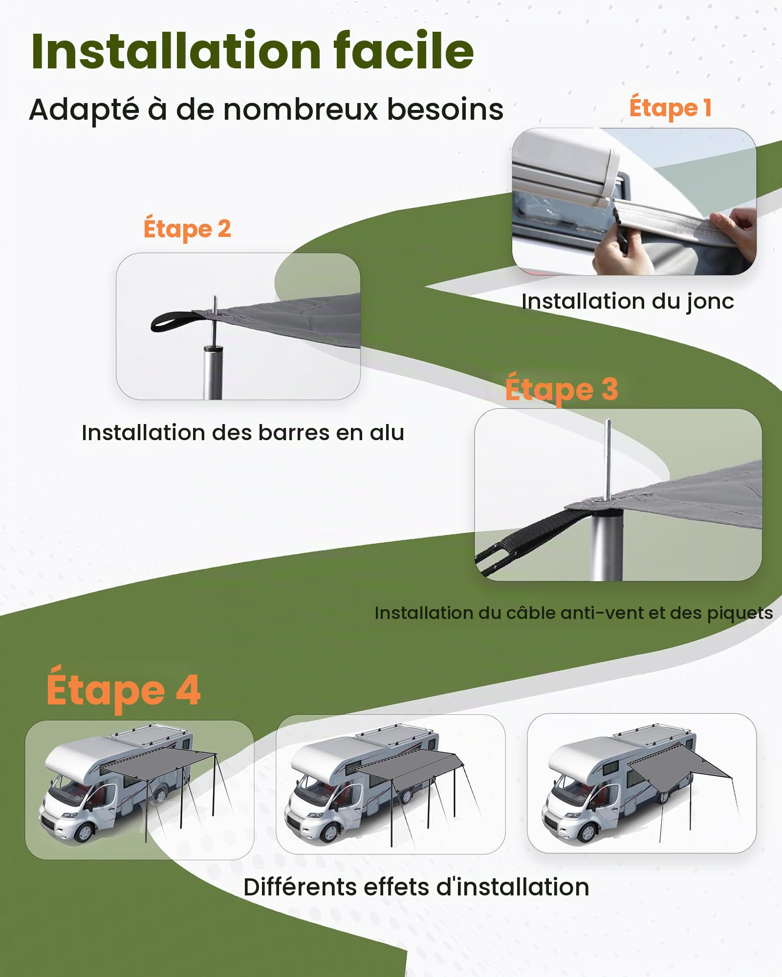 Voile d'ombrage pour caravane - 300 x 240 cm - Auvent pour camping-car avec 2 passepoil et 3 barres en aluminium - Protection contre l'eau de 5000 ml et protection solaire UV 50+