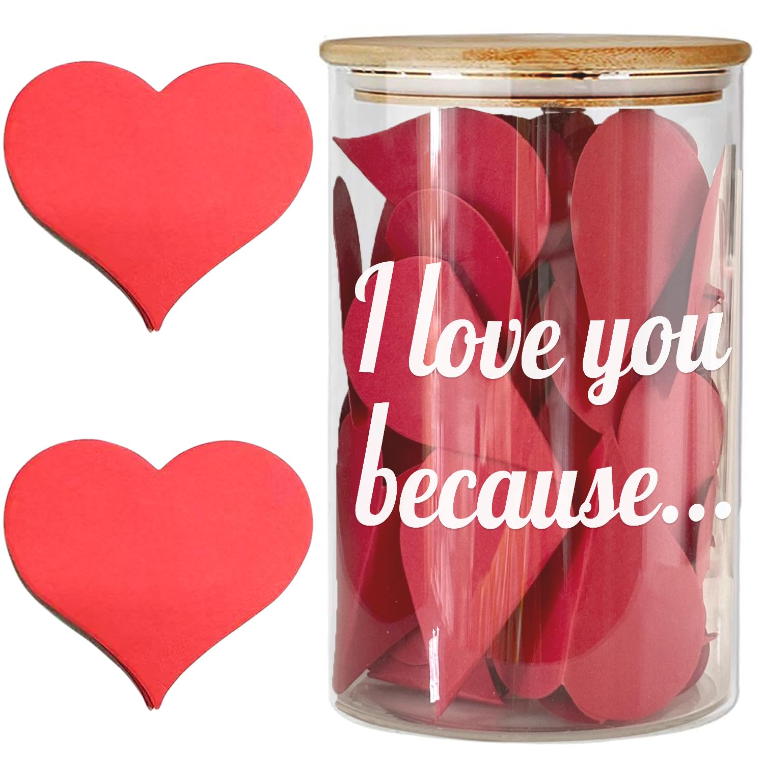 I Love You Because Jar, Love Note Jar with 50 Red Heart Shape Note, Gifts for Girlfriend Boyfriend Birthday, Love Message In The Bottle for Mom Dad,Newlywed Gifts for the Couple