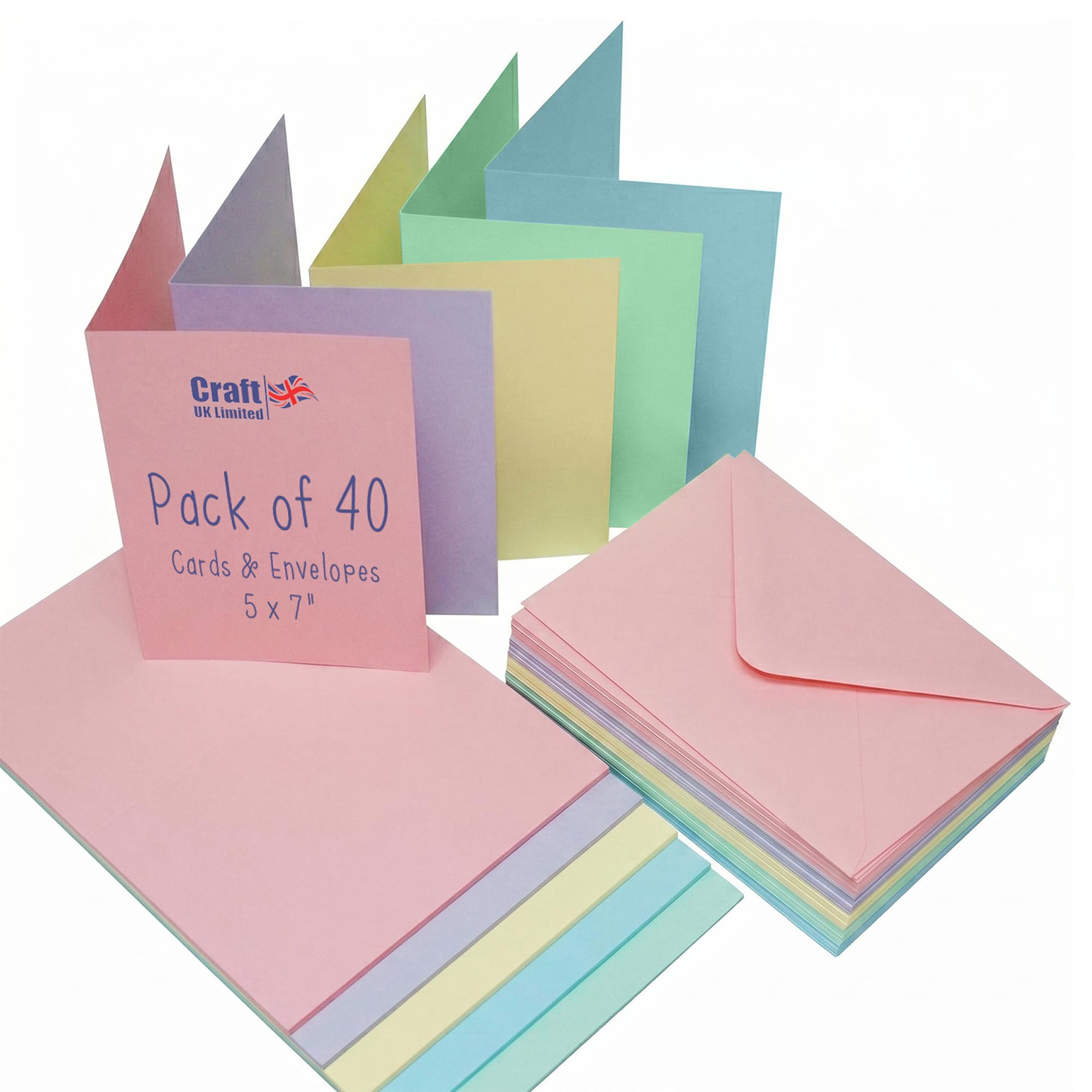 Craft UK, 40 Blank Cards and Envelopes for Card Making, 225gsm, Made in the UK, Lasting Quality, Mixed Pastel Coloured, 5 x 7-Inch