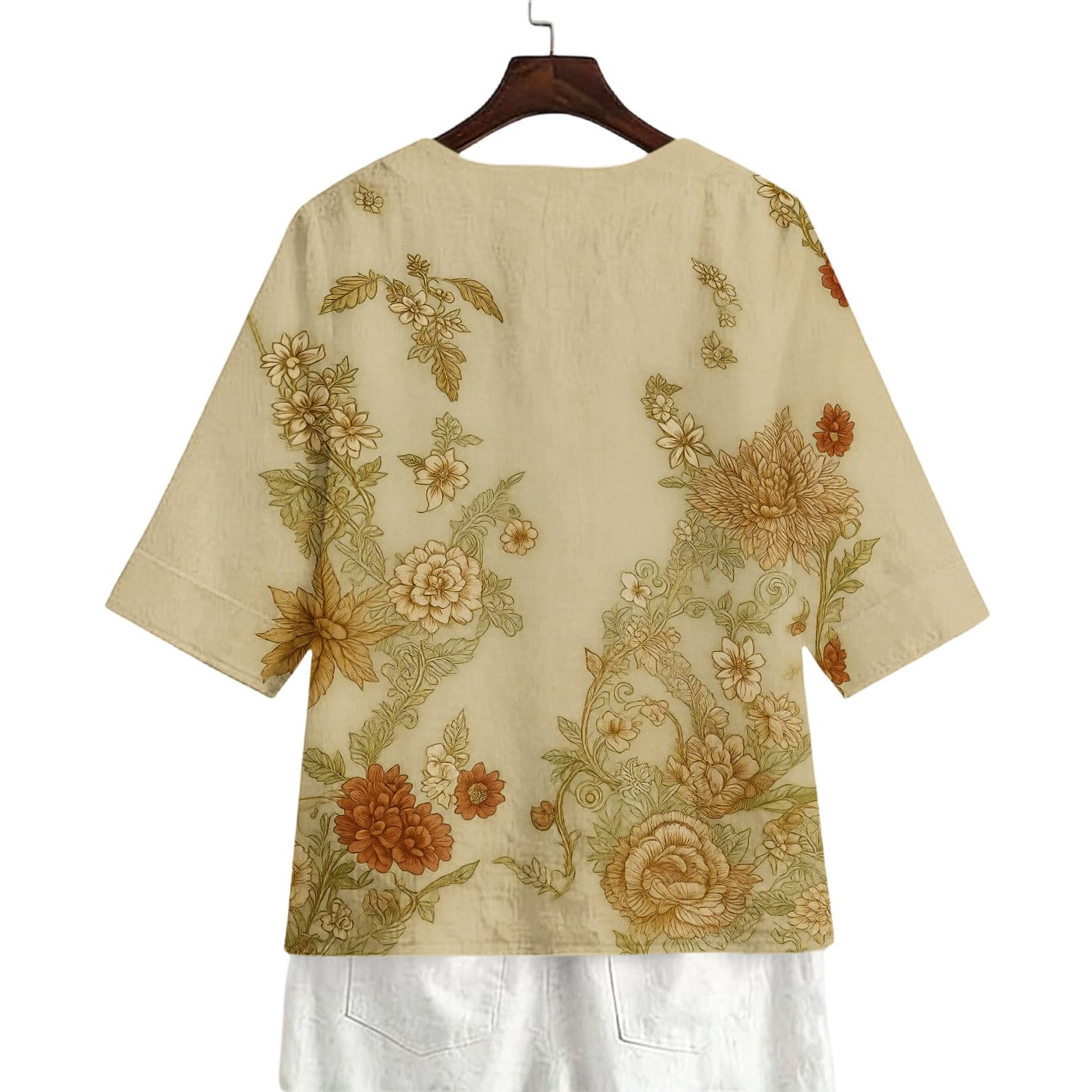 Bluse Damen Elegant V-Ausschnitt Oberteile 3/4 Arm Sommer T-Shirt Einfarbig Knopfleiste Leinenblusen Retro Lässig Locker Blusenshirt Basic Tunika Shirt Urlaub Leicht Hemdbluse Druck Top - 5