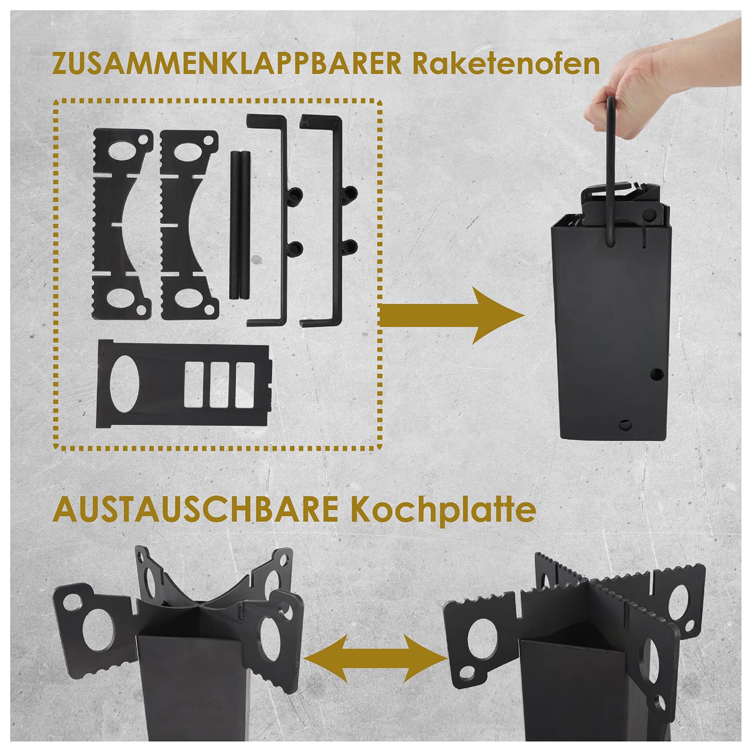 StarBlue zusammenklappbarer Raketenofen mit kostenloser Tragetasche, tragbarer Holzofen mit großer Brennkammer, ideal für Outdoor-Kochen, Camping, Picknick, Grillen, Jagd, Angeln