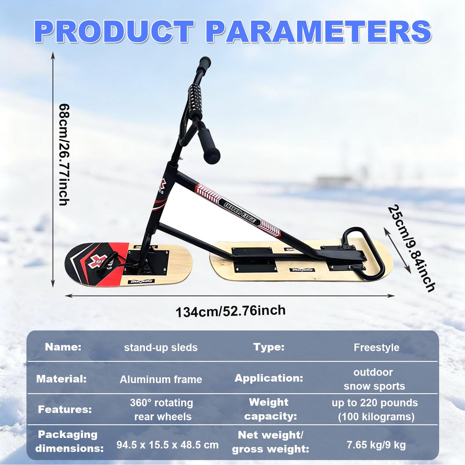 Snowboard/Scooter Da Neve Leggero: Design Con Doppio Sci Girevole A 360°, Impugnature Sicure E Antiscivolo, Adatto Per Snowboard, Sport Invernali, Attività In Giardino E All'aperto. woodcolor