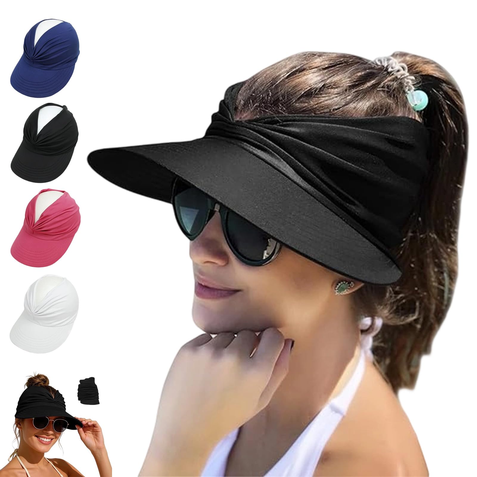 Fjaldjfu Women's Black Upf 50+ Uv Protection Sun Visor Hat, Wide Brim Quick Dry Foldable Summer Sun Hats, Beach Hats For (Black)
