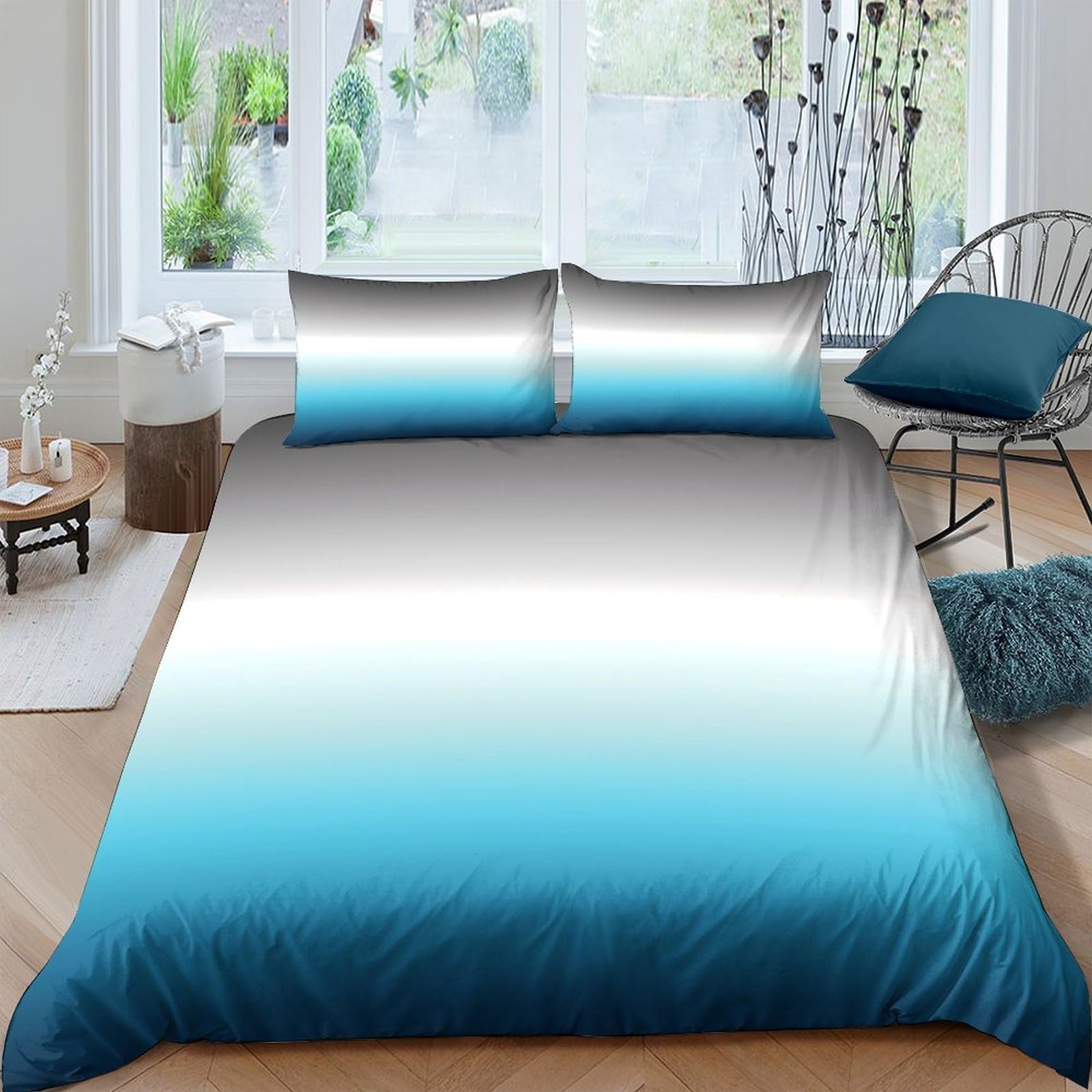 TUFRTGYHN 3D Printed Ombre Gradient Blue Duvet Cover Microfiber Soft Breathable Abstract Bedding Set with 2 Pillowcases for Bedroom Decor Single（135x200cm）