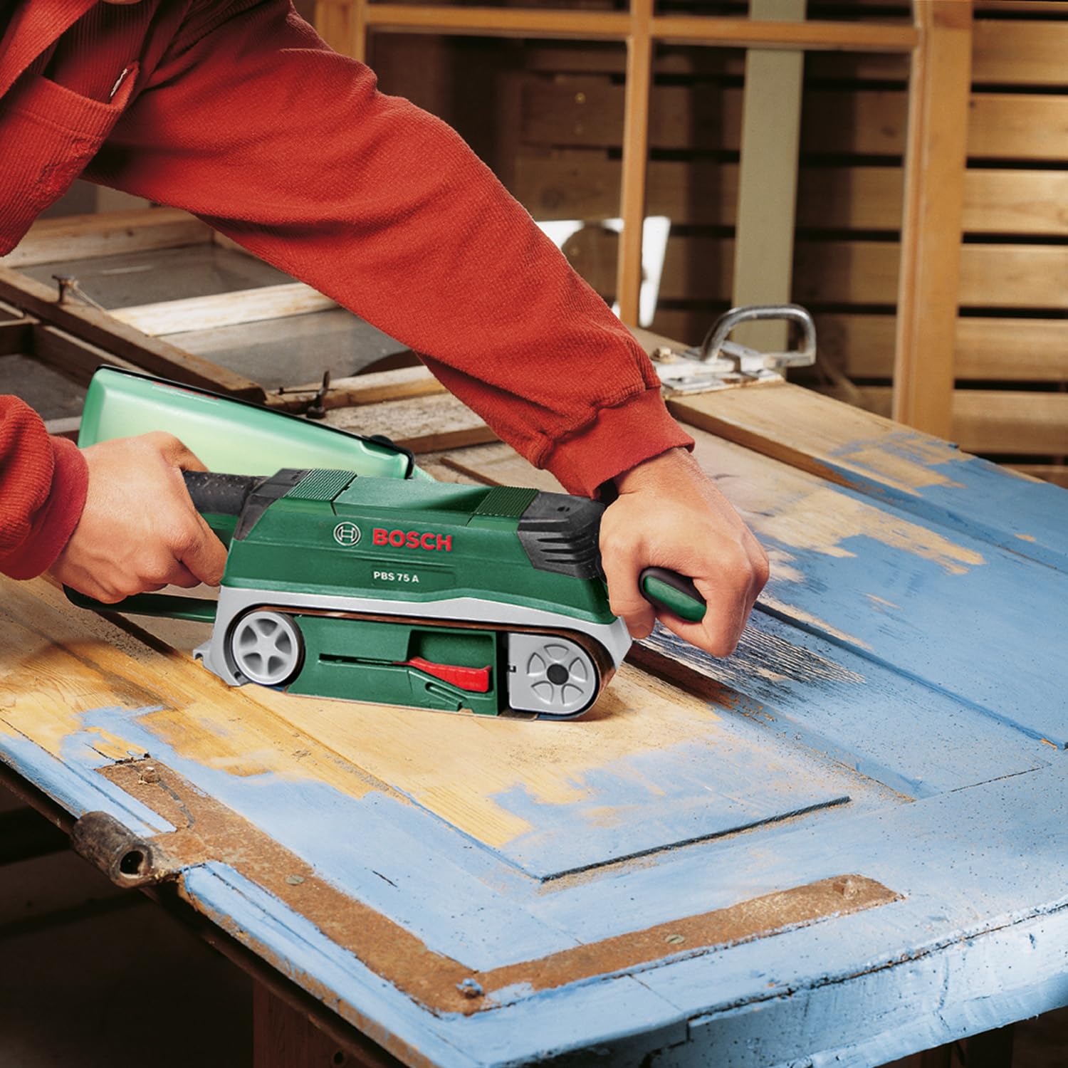 Bosch Ponceuse à bande PBS 75 A (710 W, surface de ponçage 76 x 165 mm, dimensions de la bande 75 x 533 mm, 1 bande abrasive K 80)
