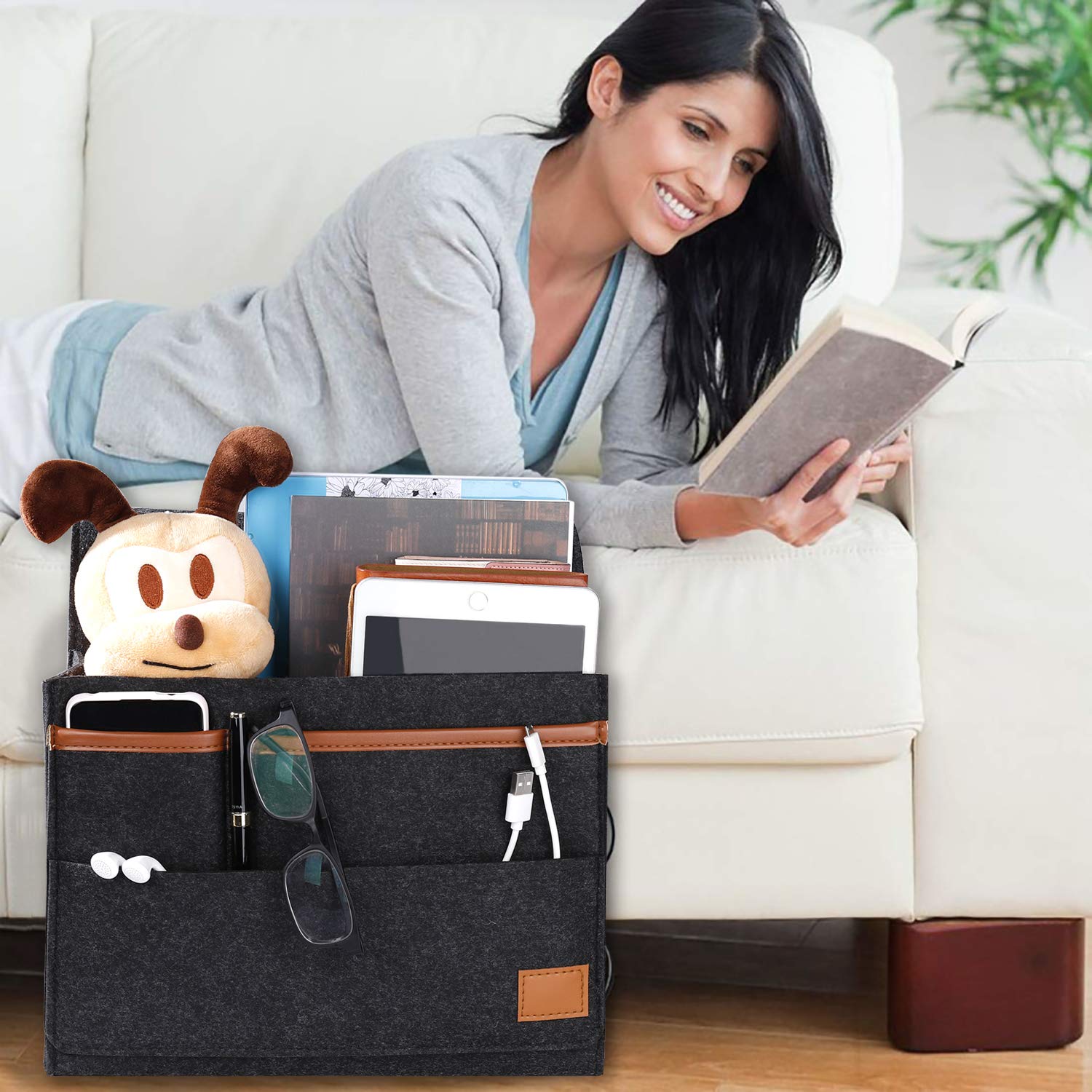 Tasca Da Comodino In Feltro Marrone - Organizer Per Letto E Divano, 82x31 Cm - Foto 4