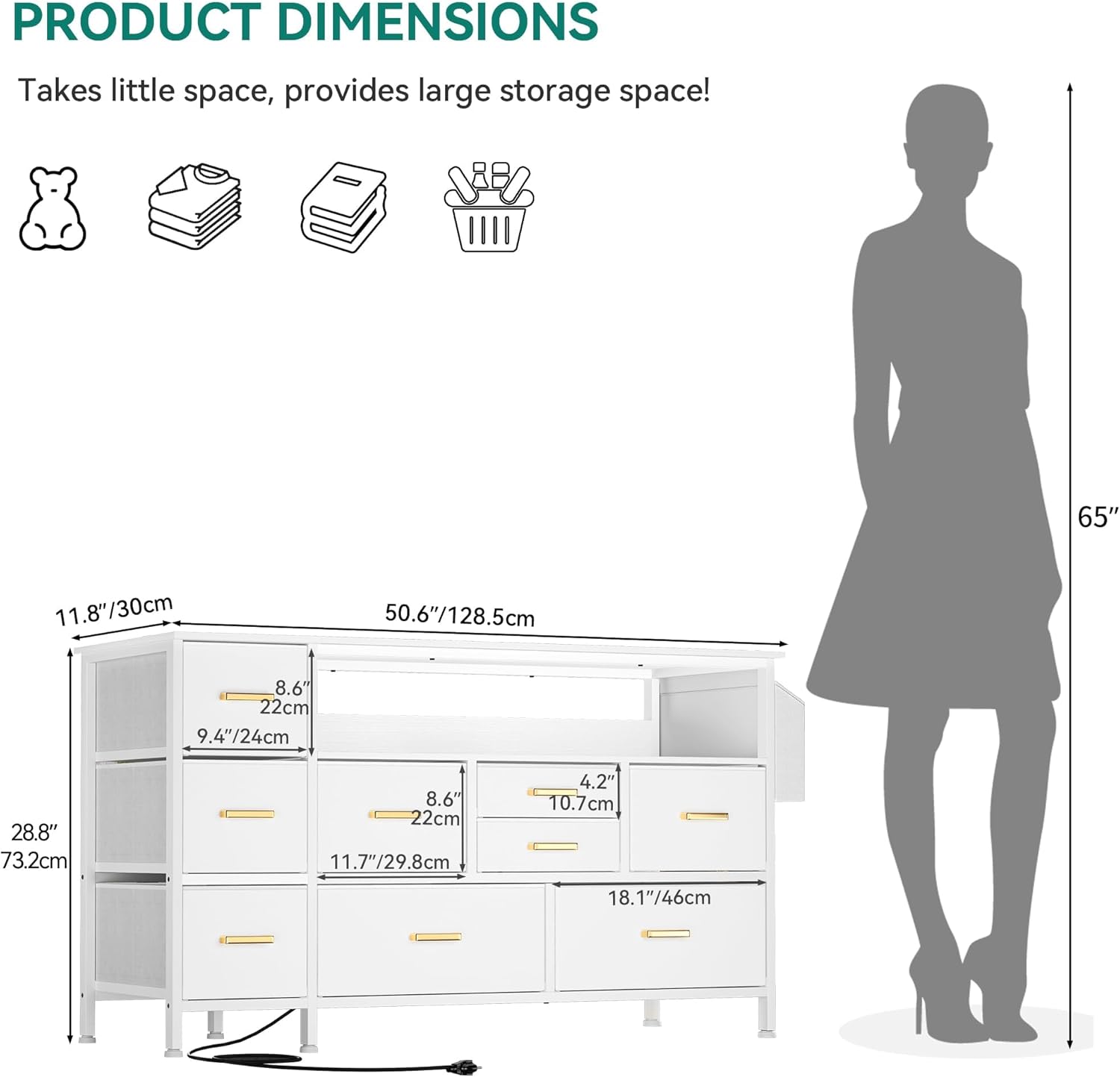 Diagram showing detailed product dimensions of the YITAHOME Dresser TV Stand