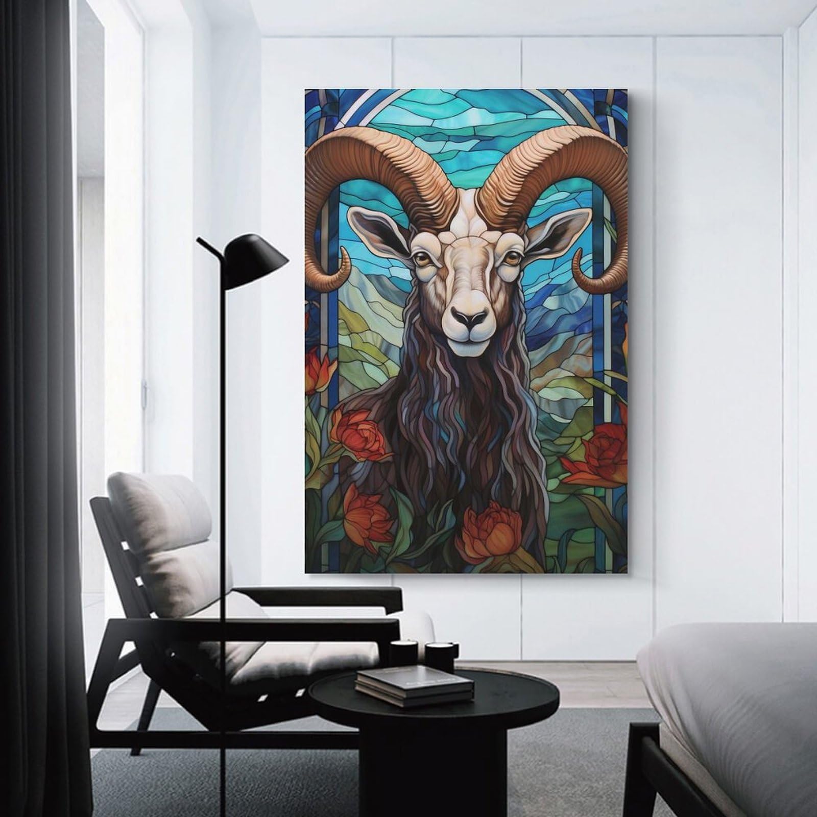 Junmoney Stained Glass Ram with Floral Accents Canvas Wall Picture 12x18inch(30x45cm), for Entryway, Lounge Links Or Small Walls, Decorative Canvas Styling for Entry Areas