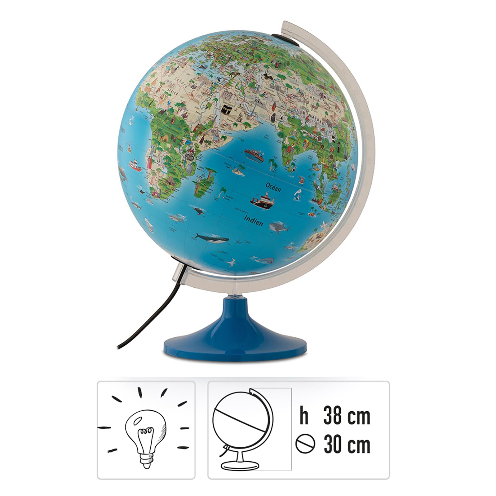 Tecnodidattica – Globe Atmosphere Family Solid pour enfants | lumineux, tournant sur son axe | cartographie illustrée et méridien gradué | diamètre 30 cm – textes en français