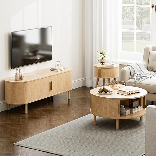 Miniatura 8 de Mesa auxiliar para sala de estar, moderna mesa de centro redonda con armarios y puertas correderas, espacio pequeño para el hogar, mesa central