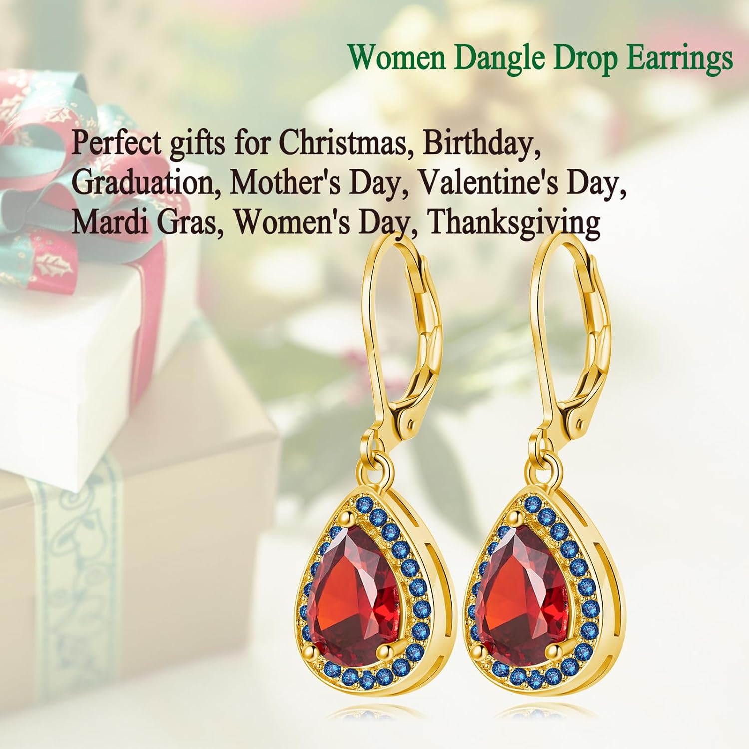 Leverback Dangle Earrings for Women Trendy Multicolor Pear Cubic Zircon Earrings Birthstone Teardrop Drop Earrings Jewelry Gifts for Everyday Party Wedding 14K White Gold | 24K Gold Plated - Image 5