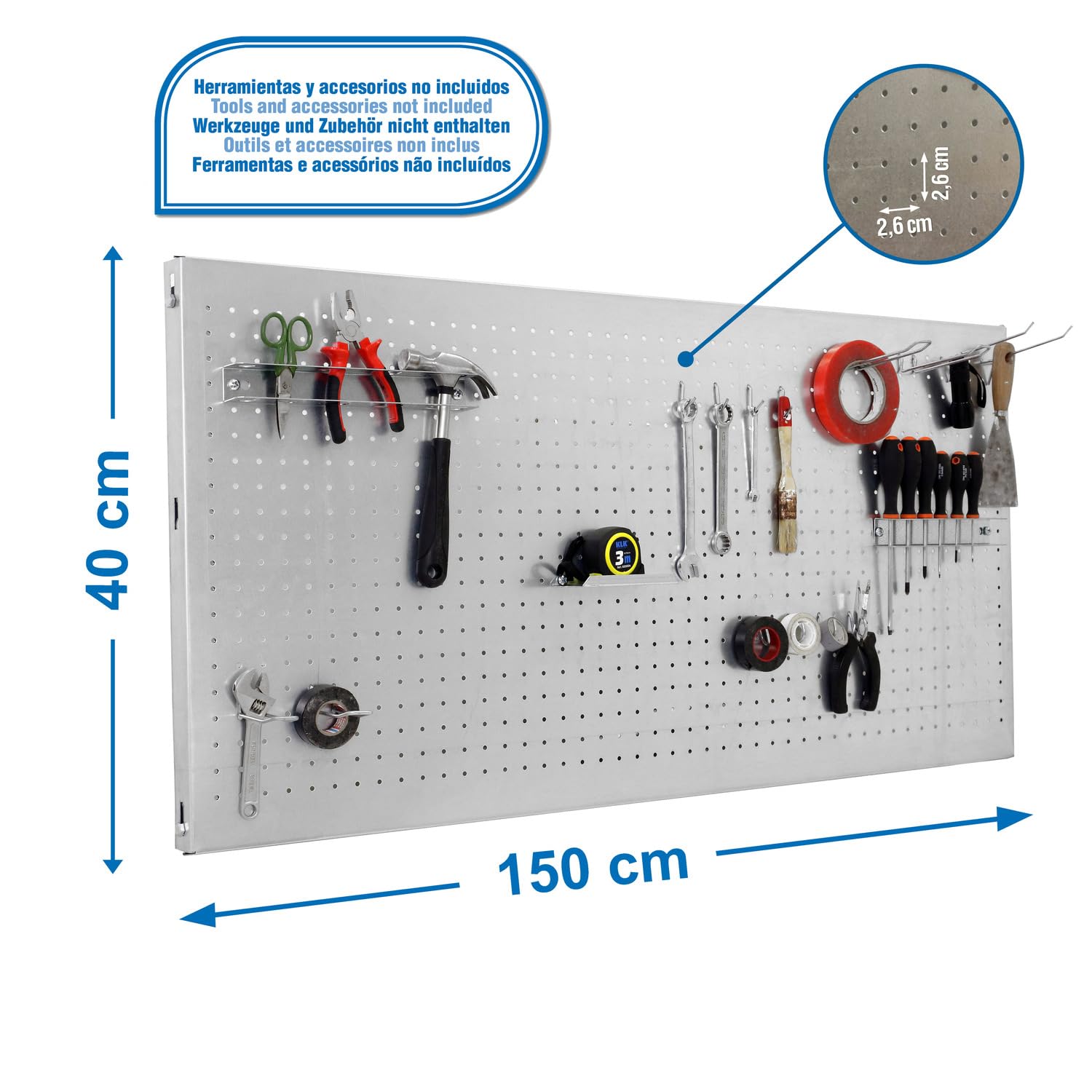 Simon Rack Pannello Portautensili in Metallo, Pannelli per attrezzi, Include 14 Ganci e 3 Mensole, 1500x400 mm, Zincato - Simonwork