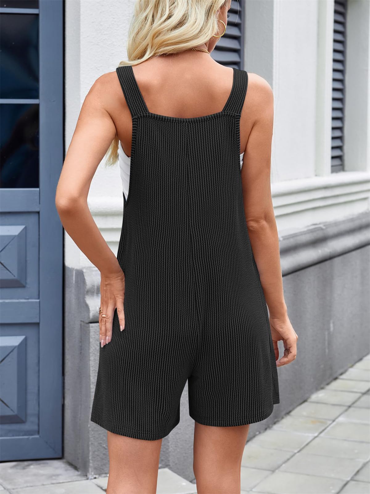 SotRong Mono corto casual de punto acanalado para mujer con correas ajustables y bolsillos delanteros, bonito mono de verano sin mangas, holgado, holgado, sin mangas, tallas S-XL