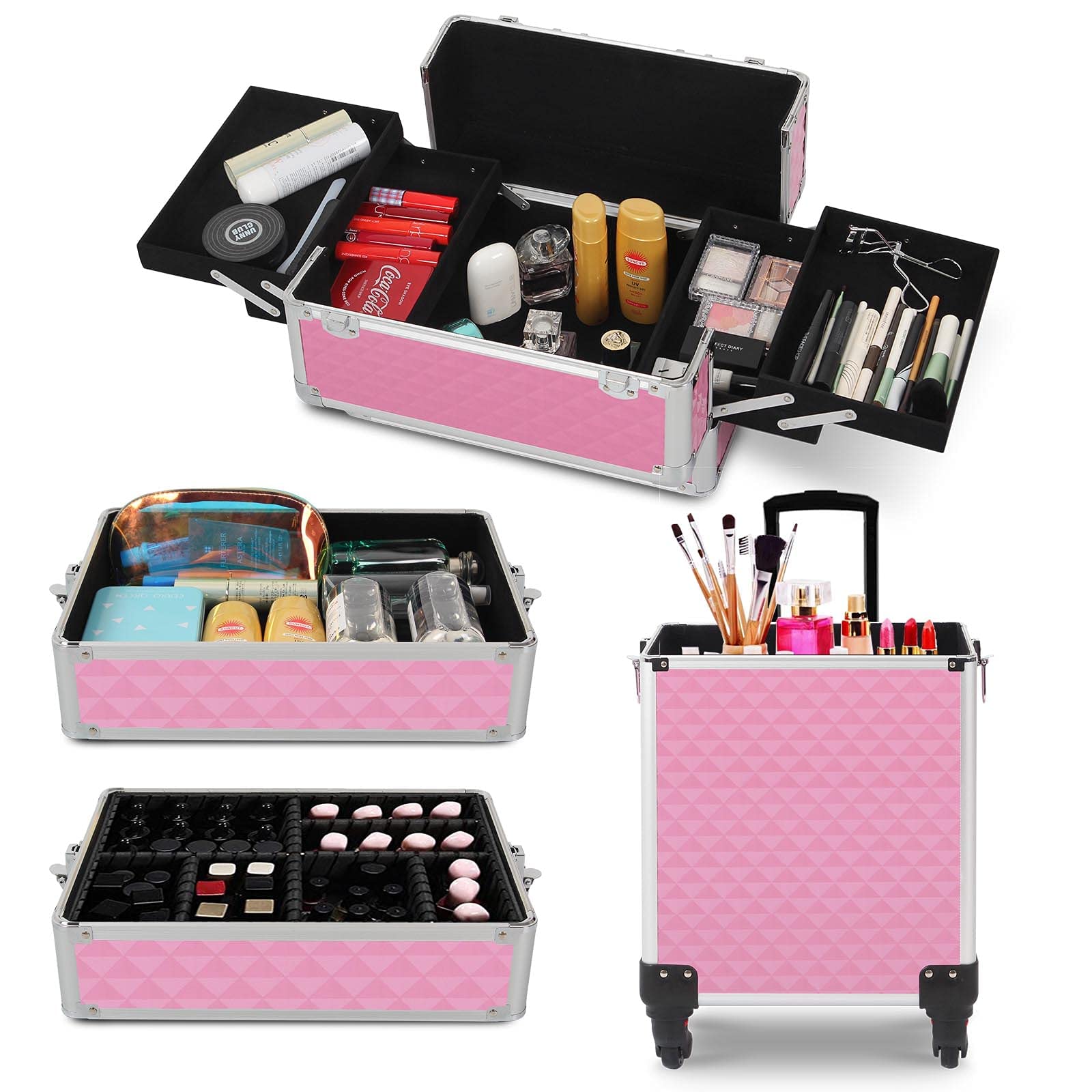 CAMORSA 4 in 1 Professional Makeup Train Cases Large Storage Cosmetic Case 4 Wheels Lockable Rolling Makeup Trolley Diamond Surface (PINK)