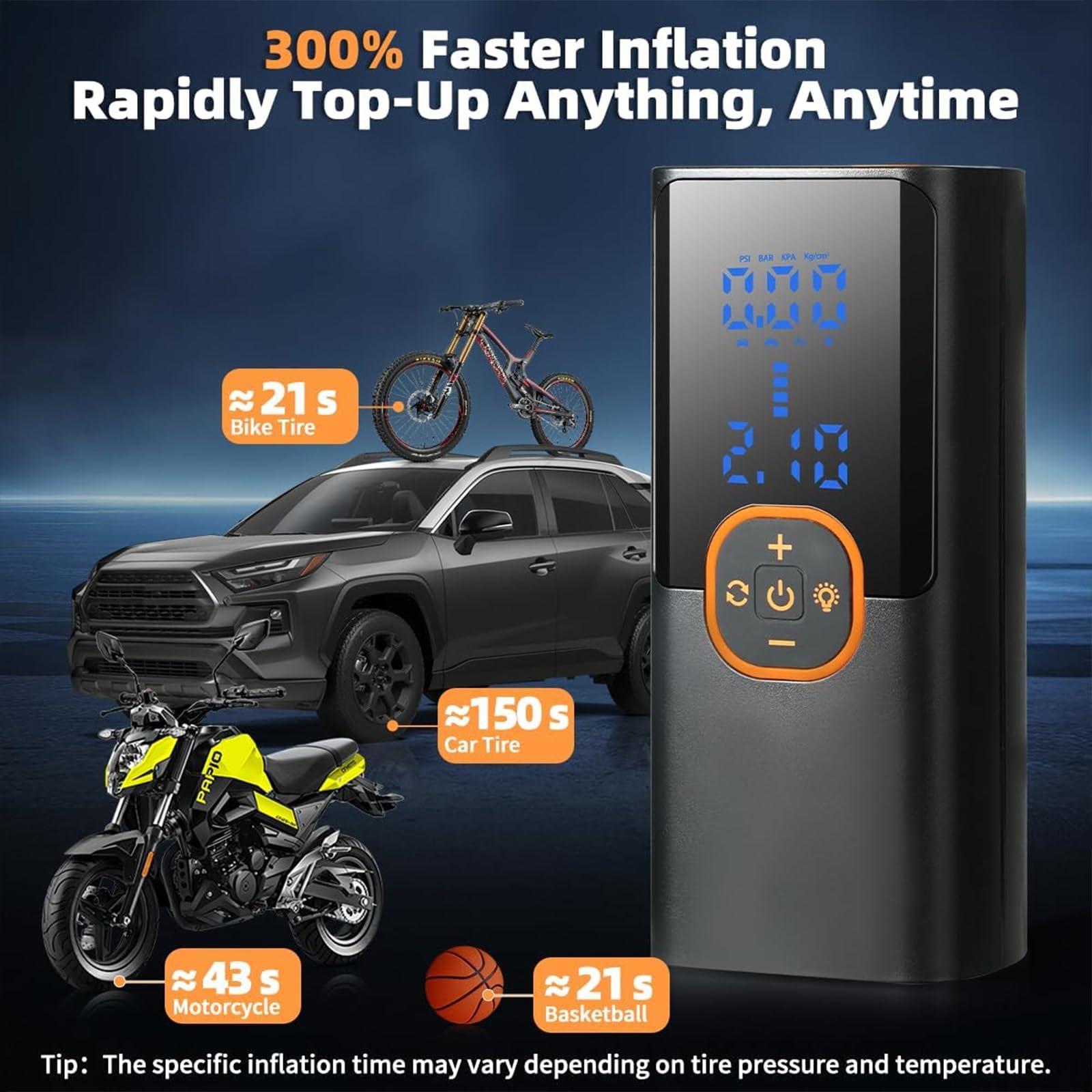 Compressore d'aria portatile, 150 psi, senza fili, con manometro digitale, luce LED, arresto automatico, mini compressore d'aria per pneumatici auto, moto, bici, palloni, gonfiabili