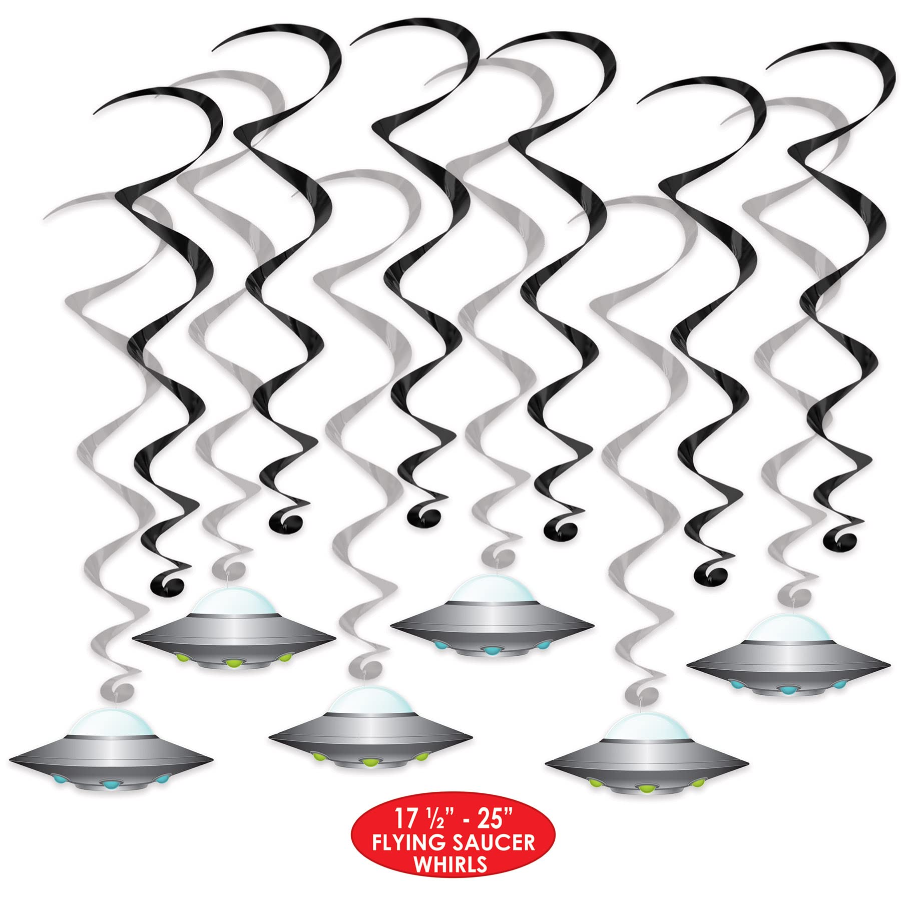 Beistle 53763 latający spodek wiry 24 sztuki dekoracje kosmiczne kosmos kosmos materiały imprezowe wiszące spirale, papier, czarny/srebrny/biały/niebieski/zielony