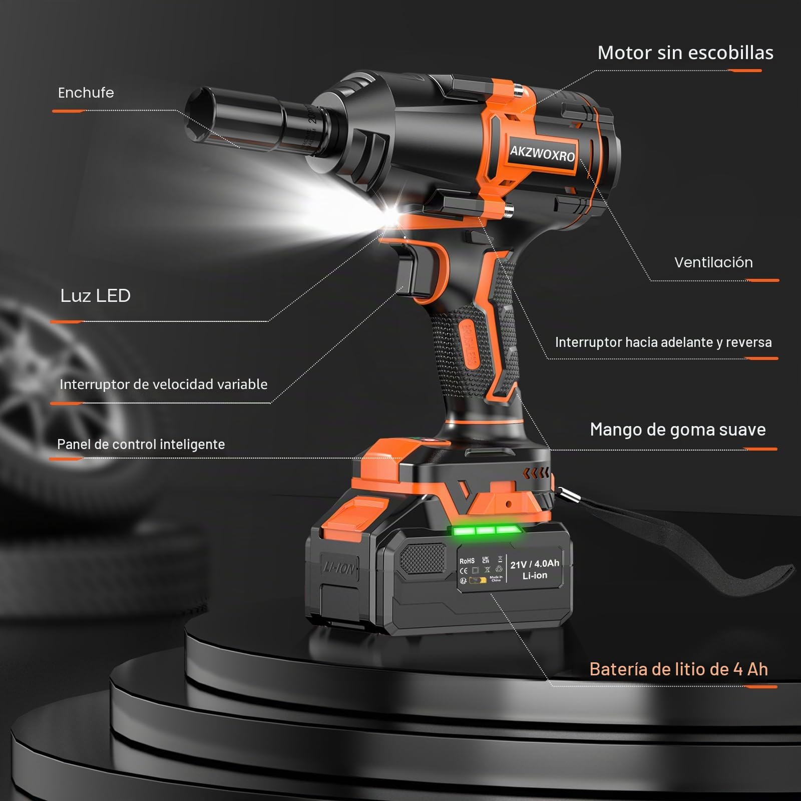Llave de Impacto a Bateria 1000N.m, 1/2" Llave de Impacto Eléctric Sin Escobillas con Batería 4.0Ah, Impacto 5 Casquillos, Potencia Llave de Impacto Inalámbrica para Casa/Coche