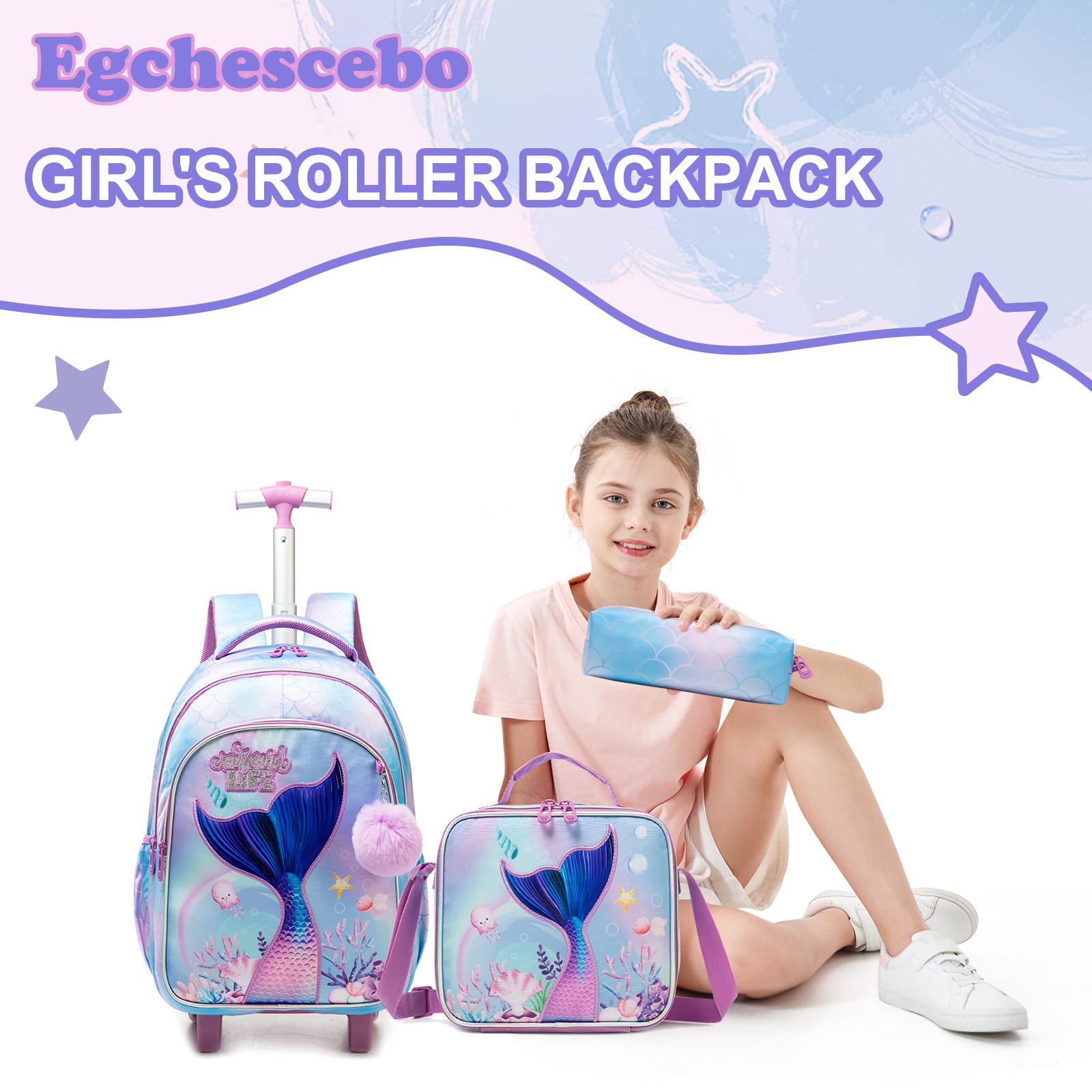 Zaino con Rotelle Bambina Trolley Sirena Zainetto Asilo Scuola Elementare Primaria 17” 3PCS Borsa Pranzo Portamatite Media Carrello Valigia Ragazza per Valigia da Viaggio Blu Cielo