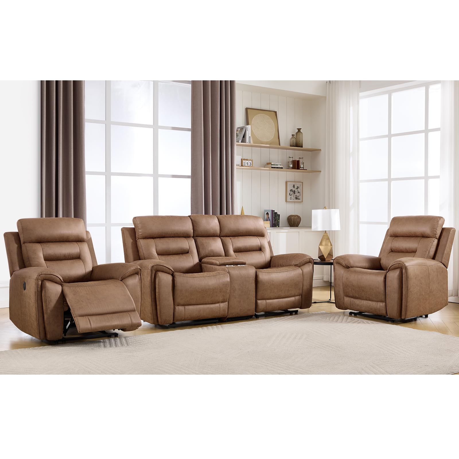 ANJ 3-Piece Faux Leather Power Recliner Sofa Set with USB&amp;Type-C Charging Ports, Include 2 Single Recliner Chairs and 2-Seater Loveseat with Hidden Storage &amp; Cup Holders, Brown