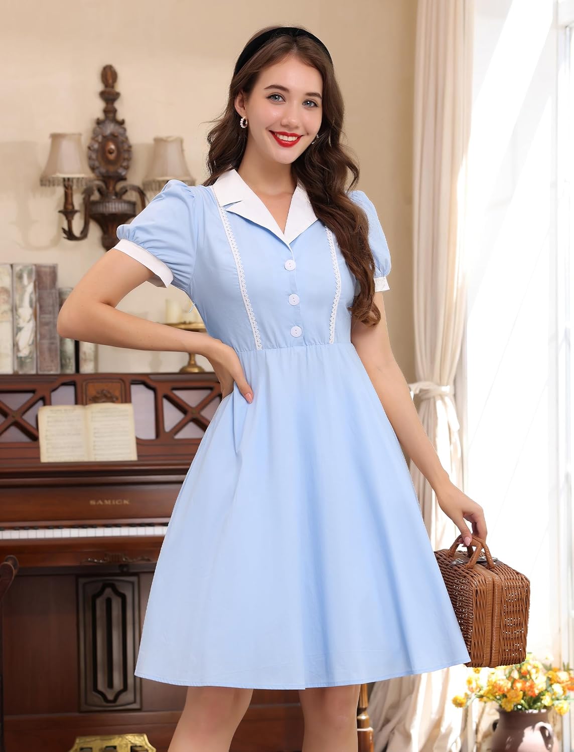 ODIZLI Women's 1950s Retro Dress Short Puff Sleeve Midi Dress Rockabilly Dress Cocktail Dresses