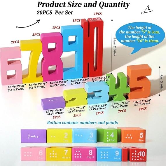 20PCS Wooden Number Building Blocks- Montessori Math Stacking Number Blocks Toys with Counting Games, Bright Digital Building Blocks Friends of 10,Learning Toys for Kids Ages 3-8