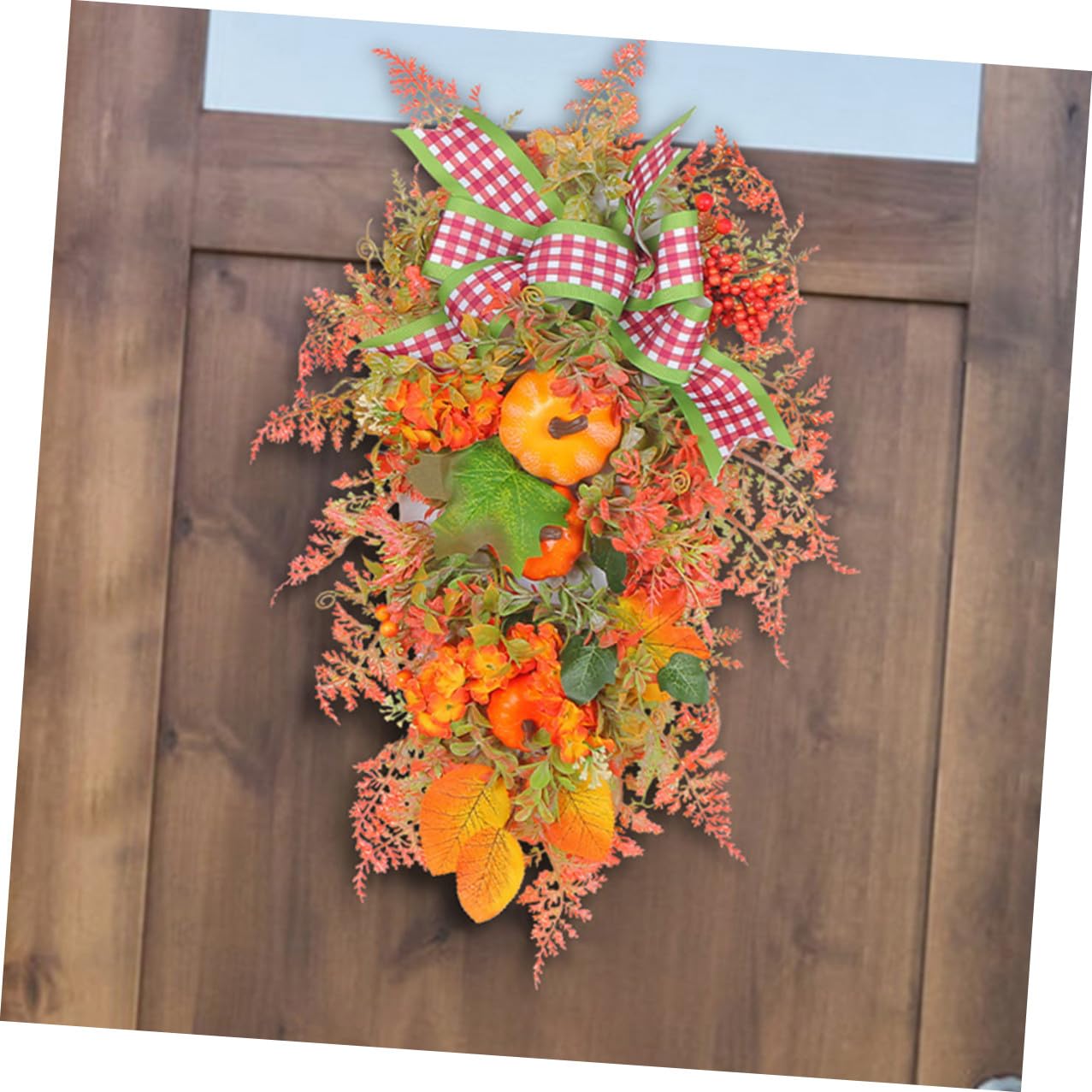 OUNONA Herbstgirlande Türkranz mit Kürbis Schleifen und Beeren Künstlicher Erntedank Kranz Wiederverwendbarer Dekokranz für Haustür und Herbstpartys